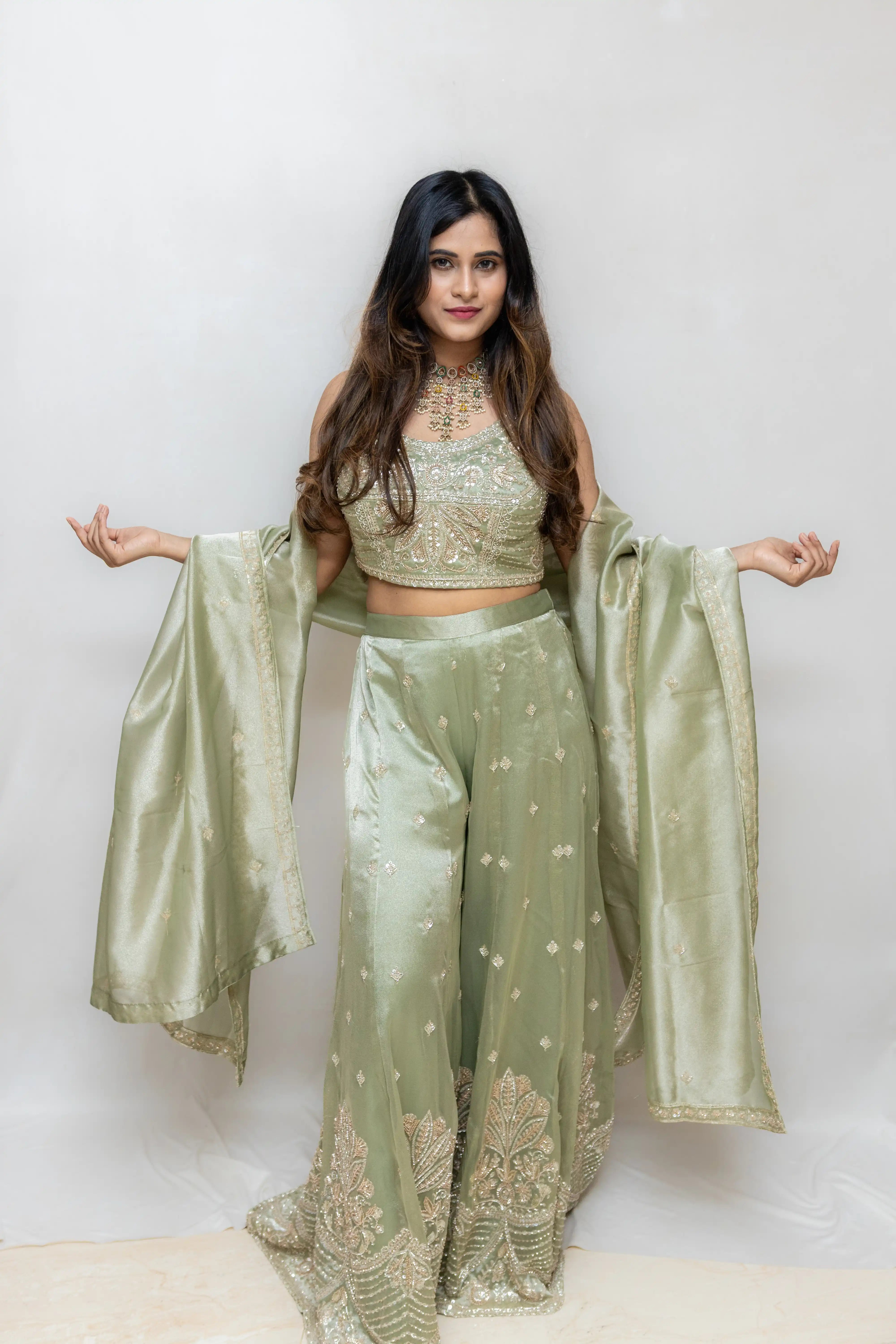 Cream Green Embroidered Lehenga Set