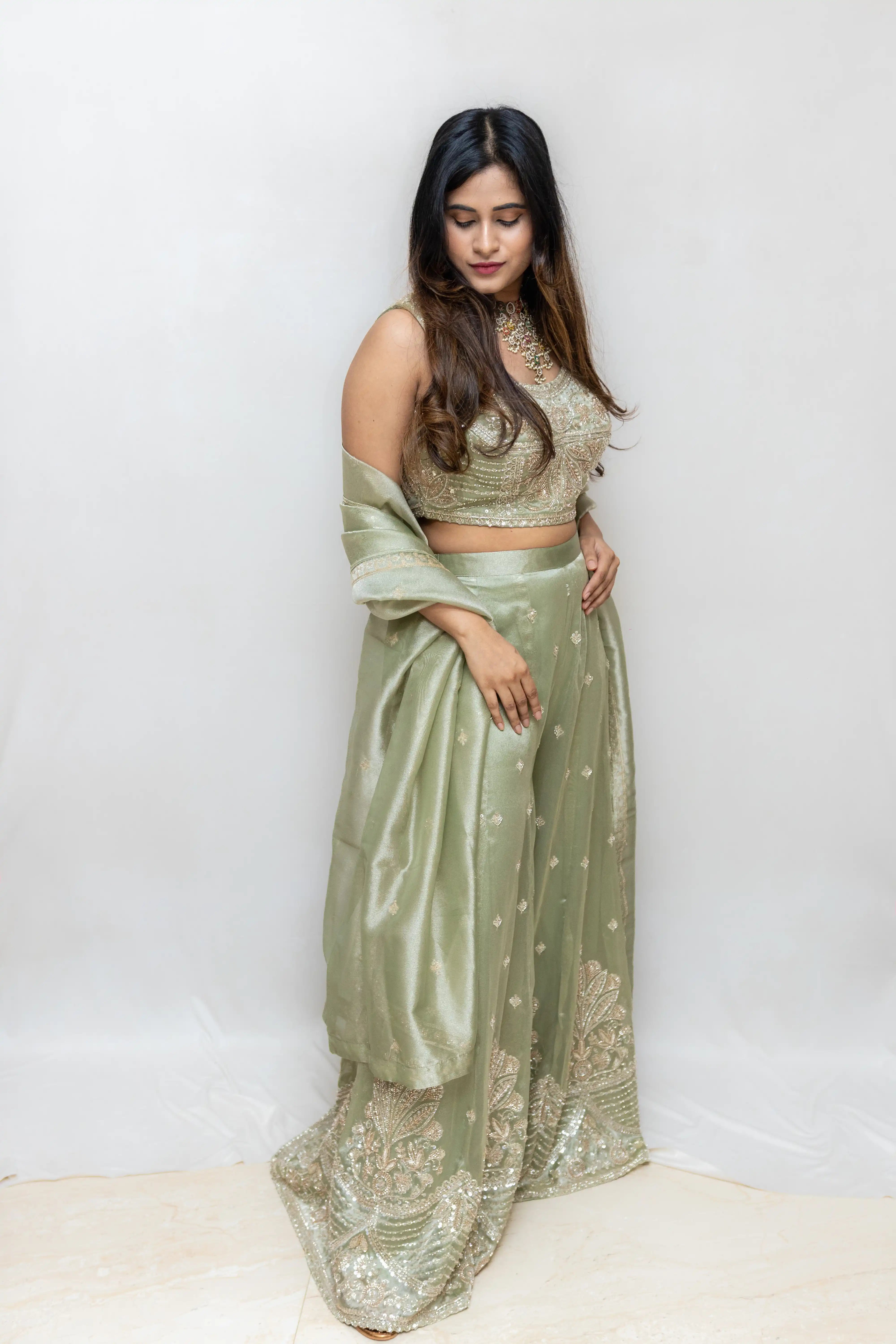 Cream Green Embroidered Lehenga Set