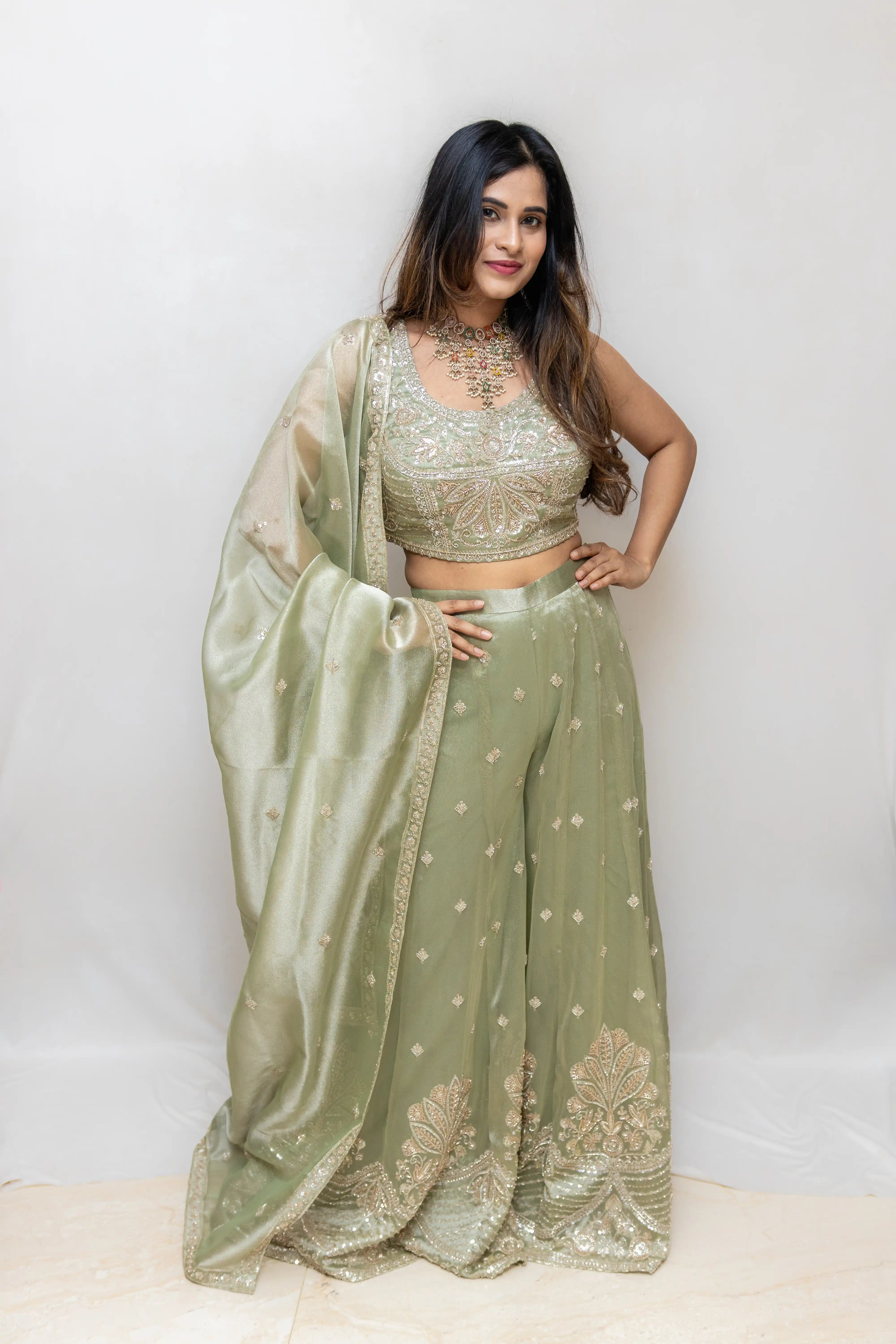 Cream Green Embroidered Lehenga Set