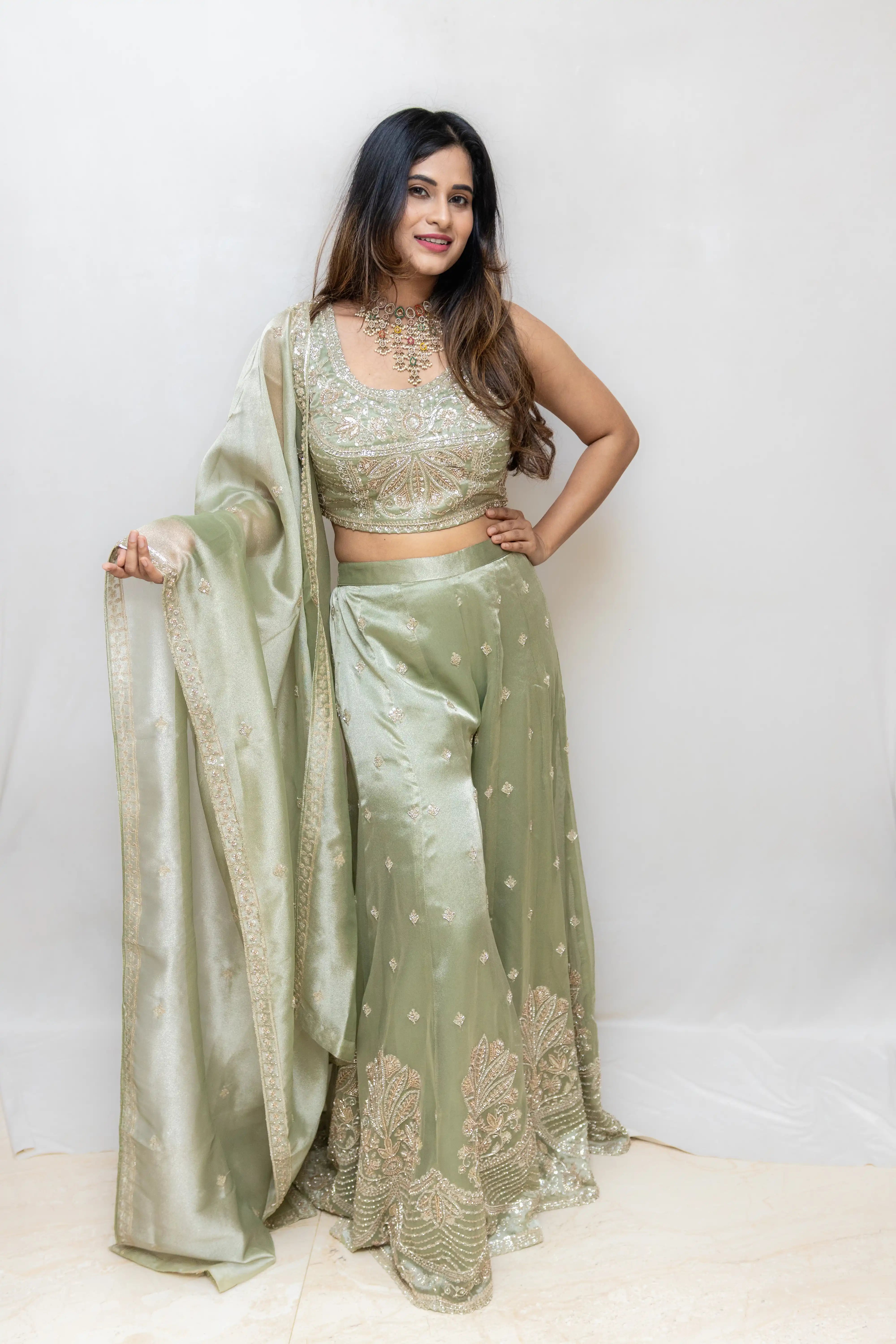 Cream Green Embroidered Lehenga Set