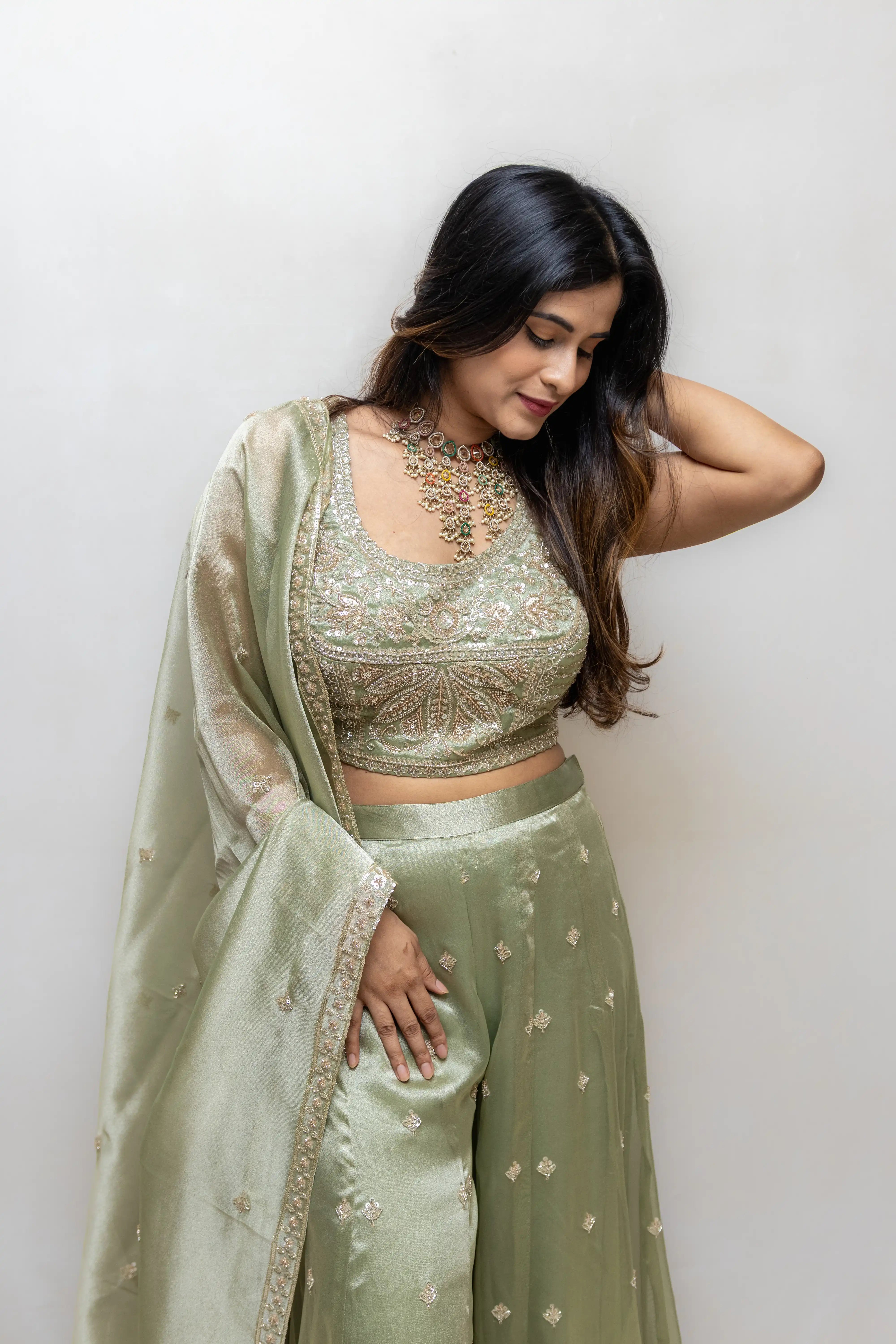 Cream Green Embroidered Lehenga Set