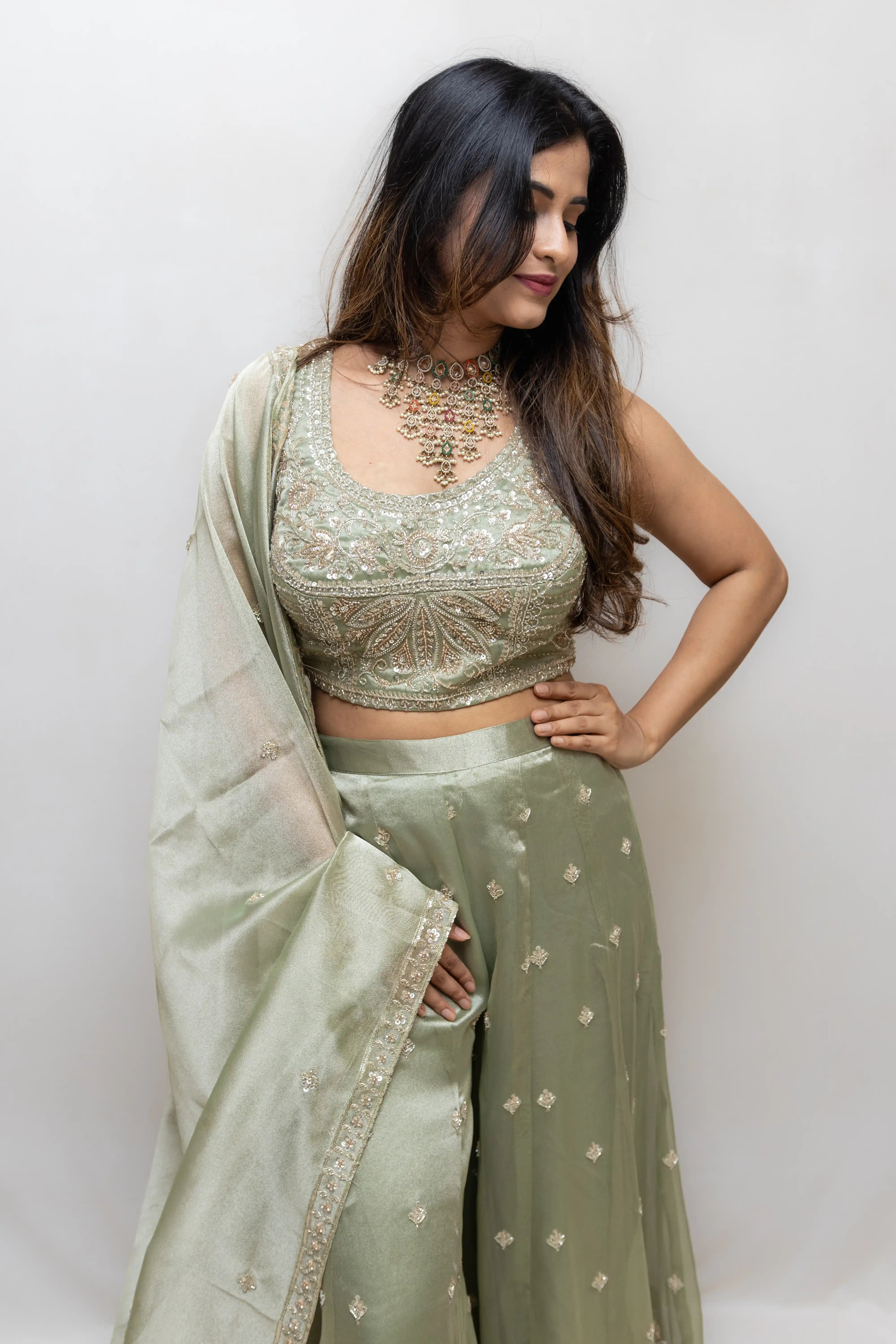 Cream Green Embroidered Lehenga Set