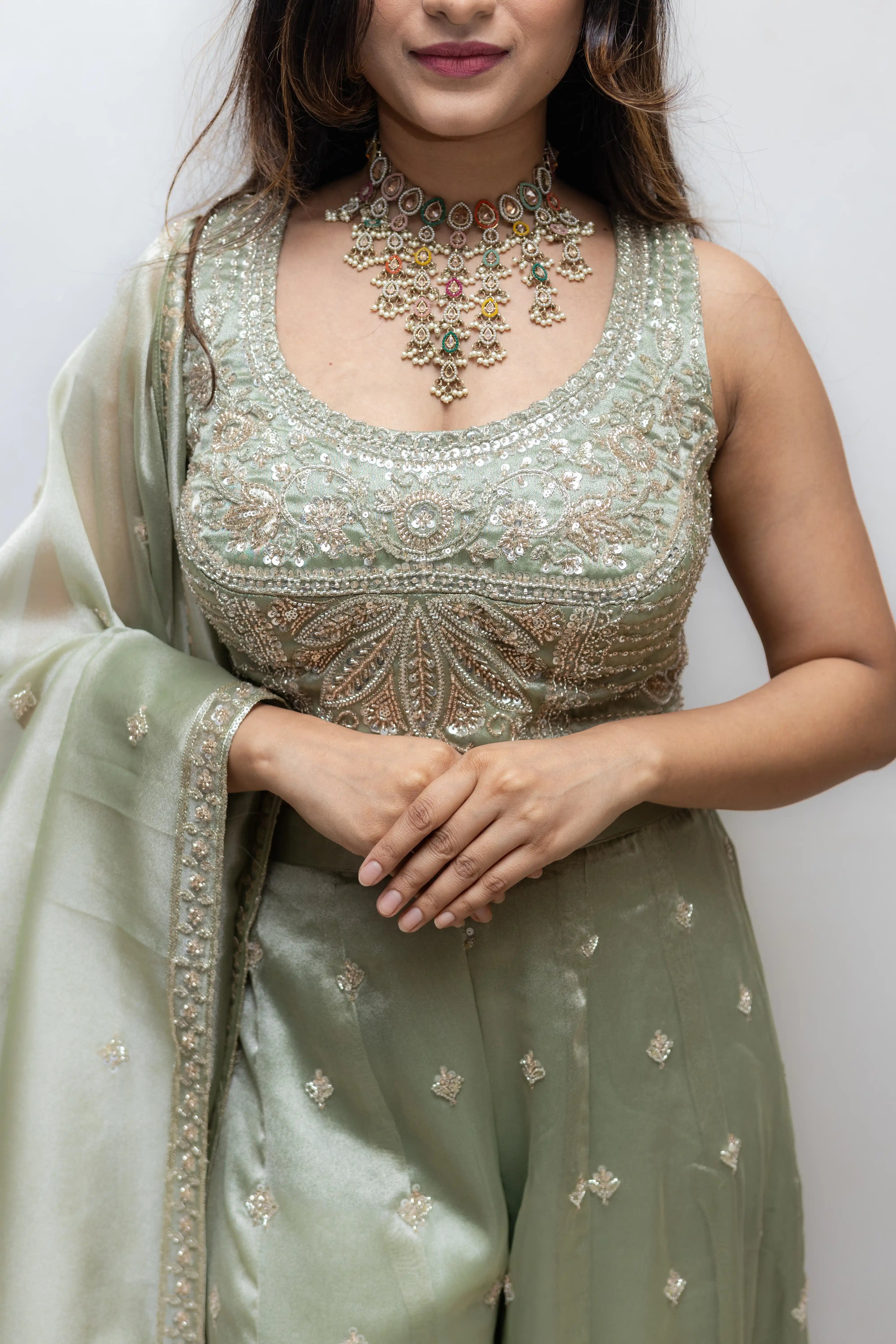 Cream Green Embroidered Lehenga Set