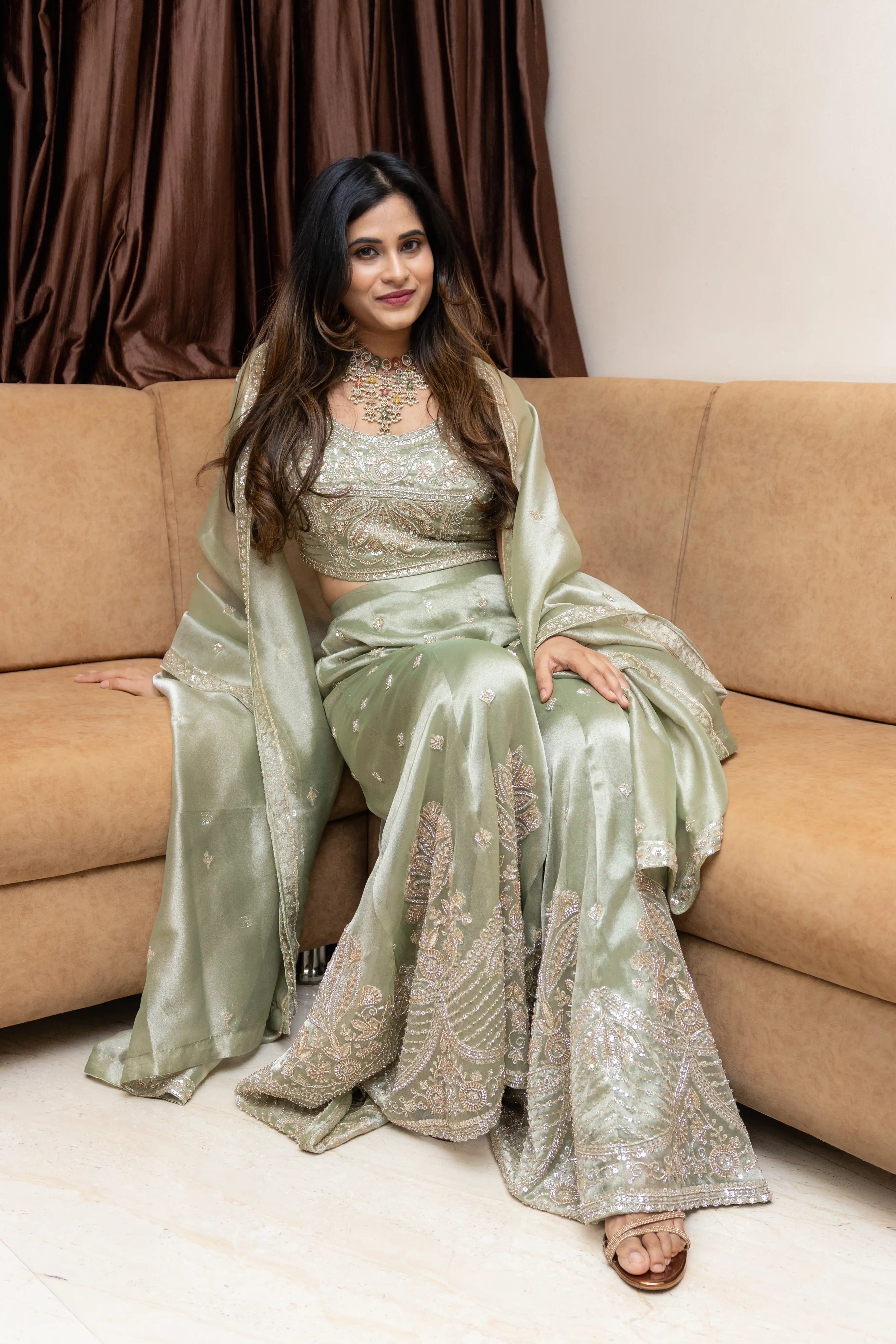 Cream Green Embroidered Lehenga Set