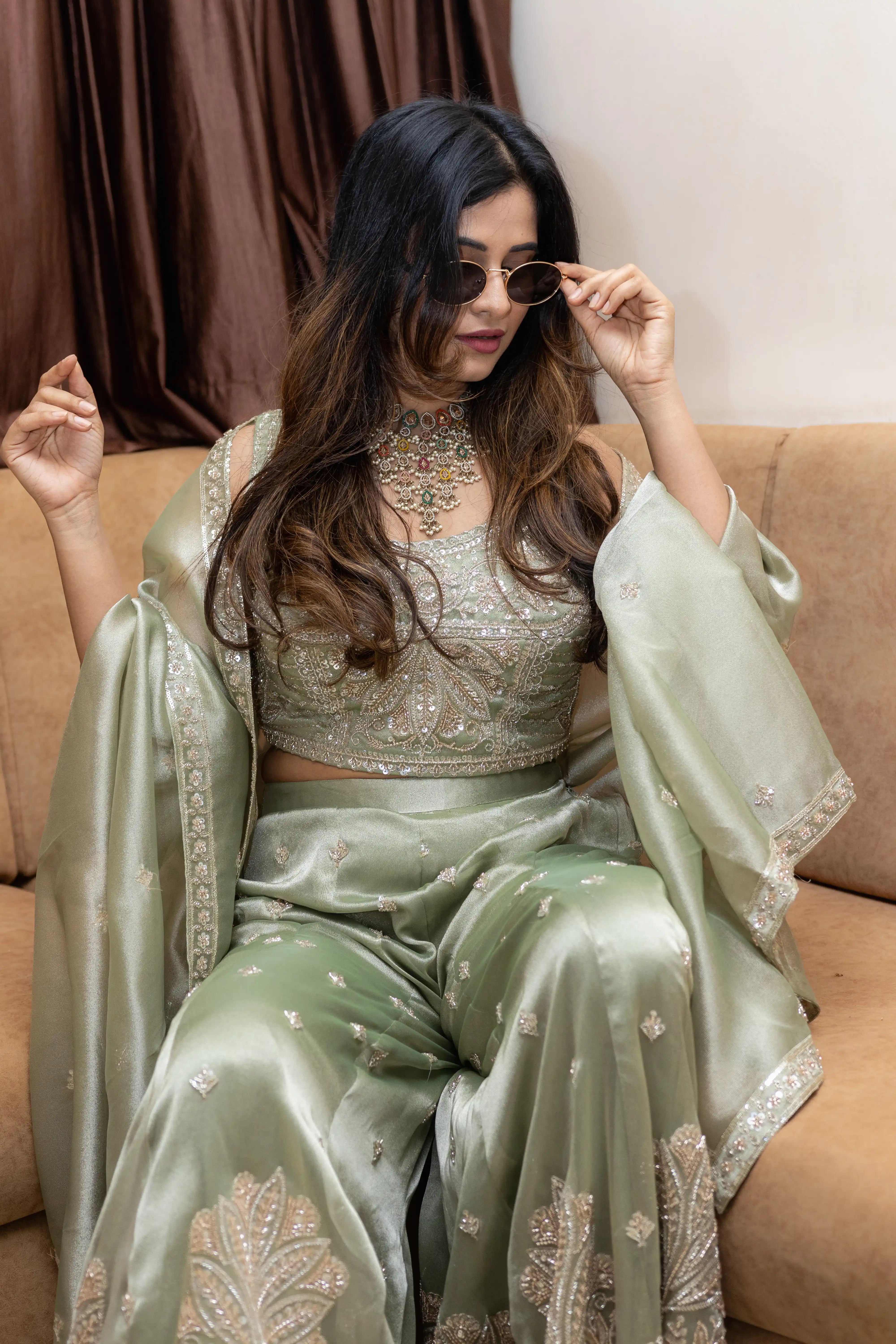 Cream Green Embroidered Lehenga Set