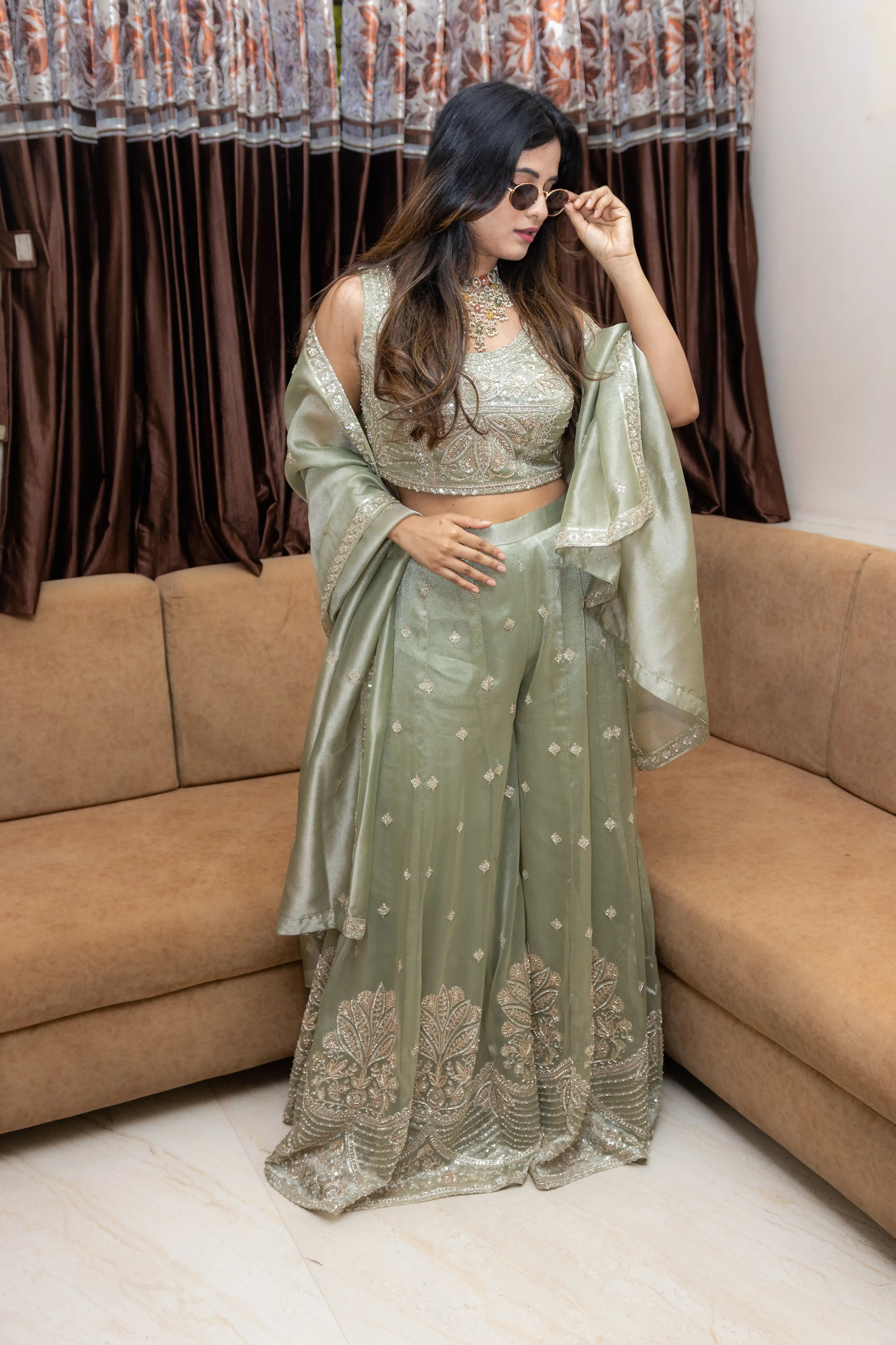 Cream Green Embroidered Lehenga Set