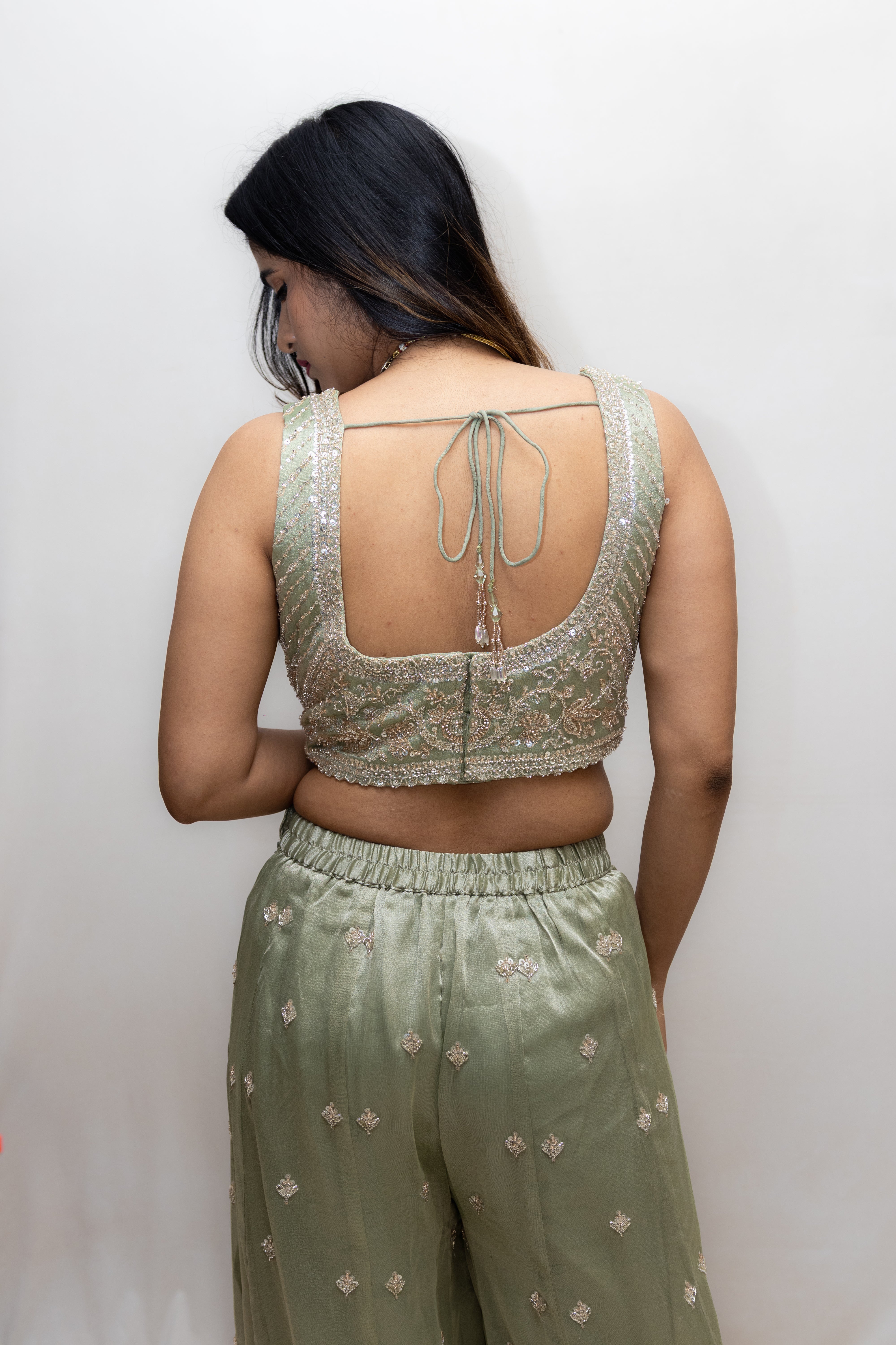 Cream Green Embroidered Lehenga Set
