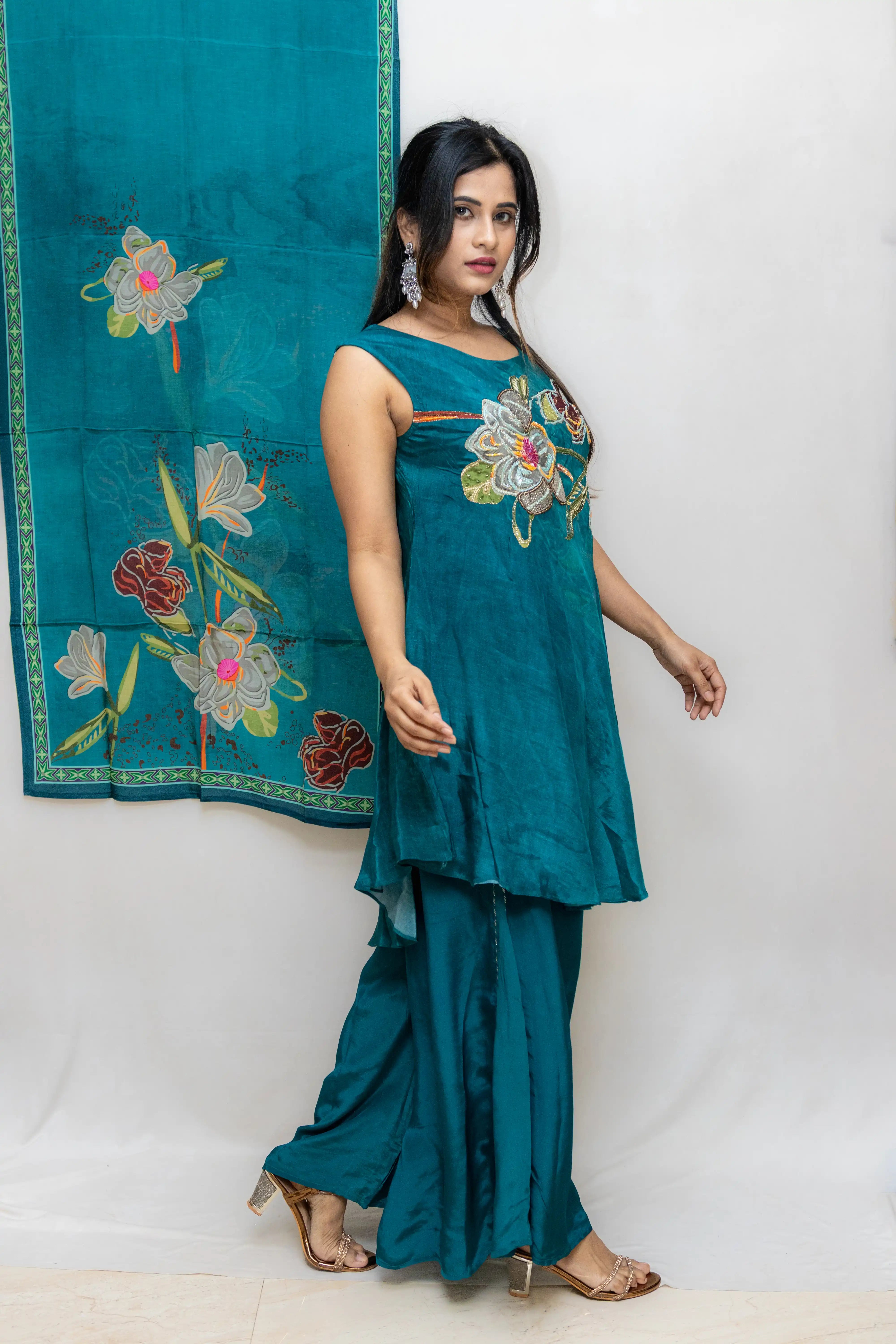 Peacock Green Floral Printed Palazzo Suit Set