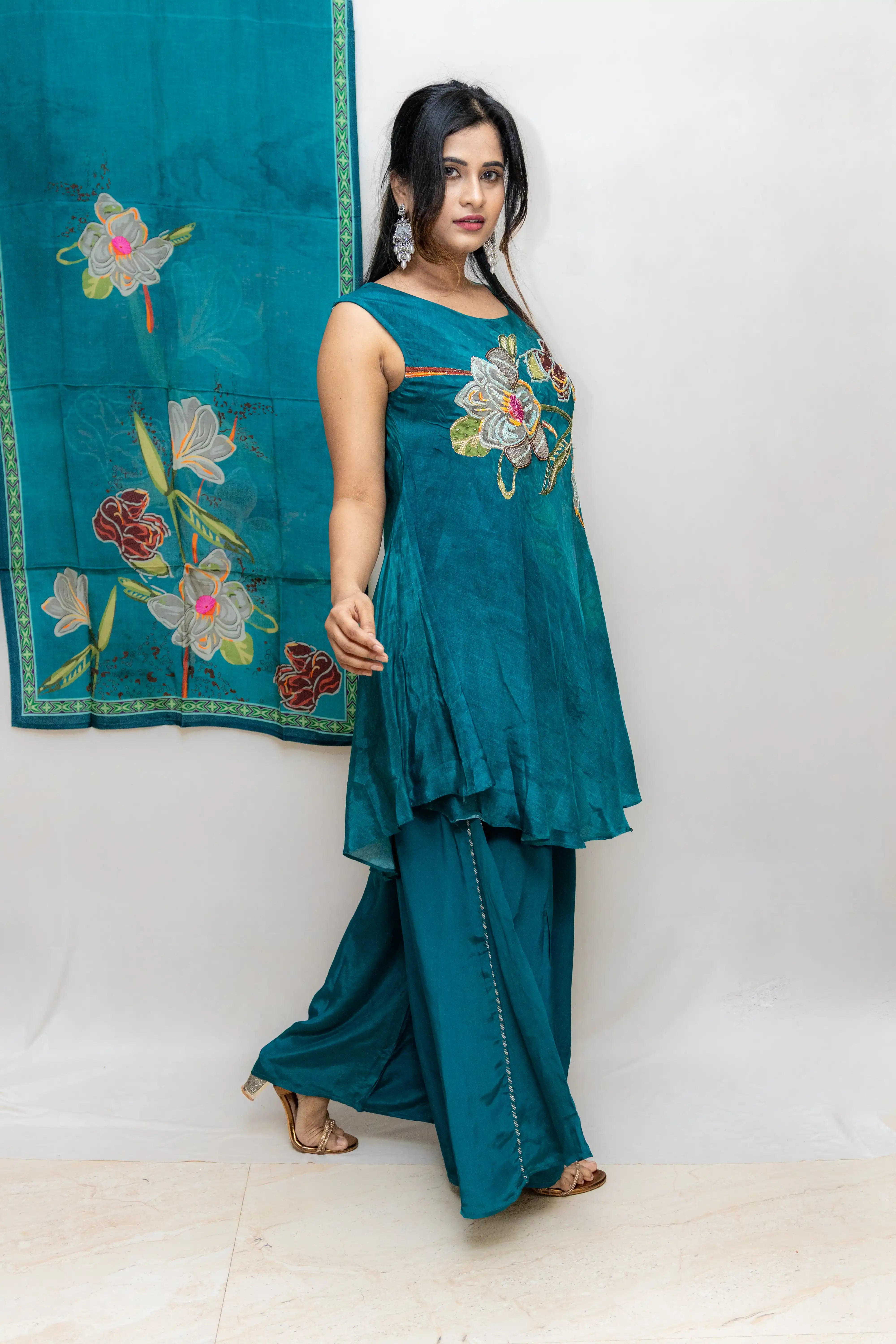 Peacock Green Floral Printed Palazzo Suit Set