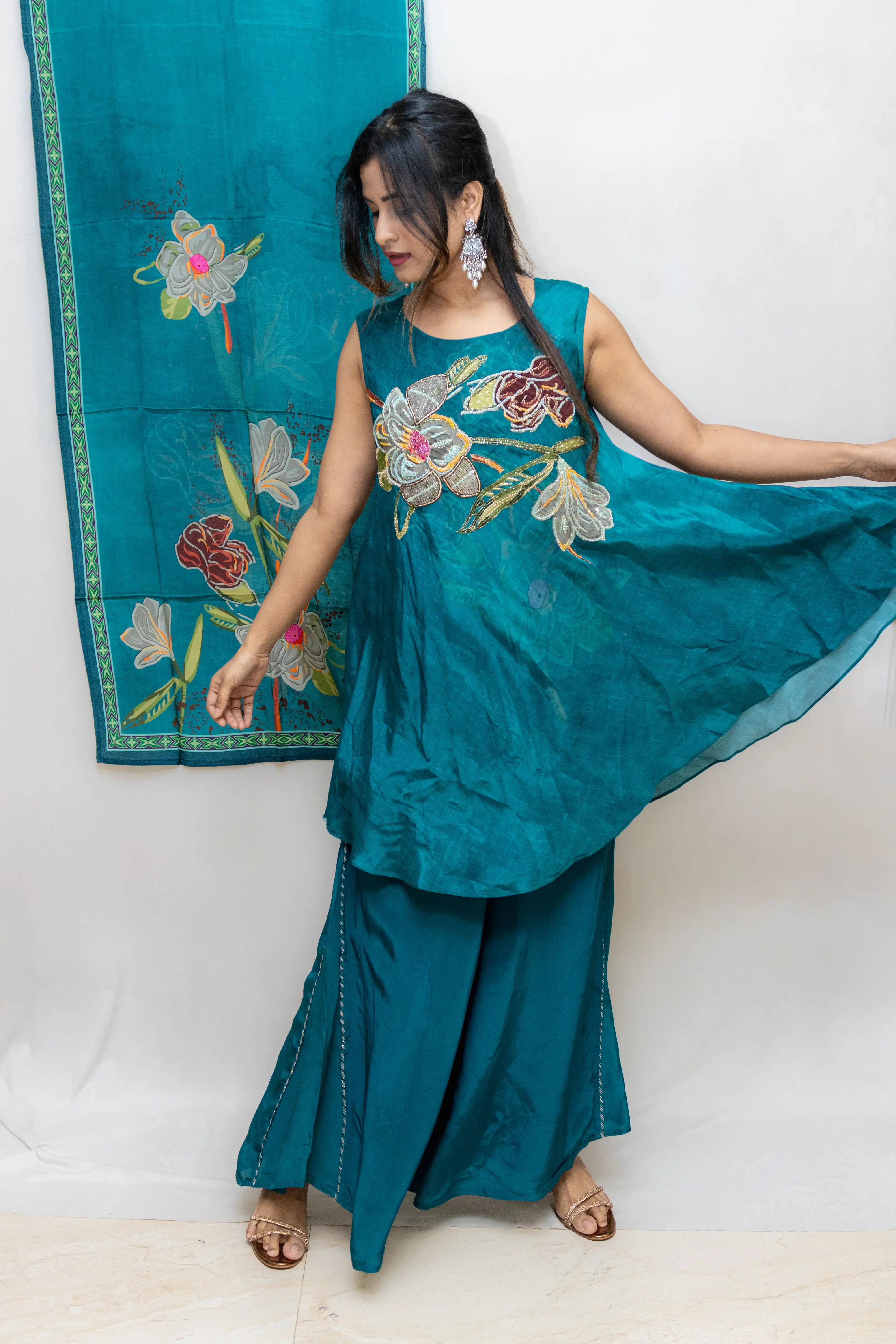 Peacock Green Floral Printed Palazzo Suit Set