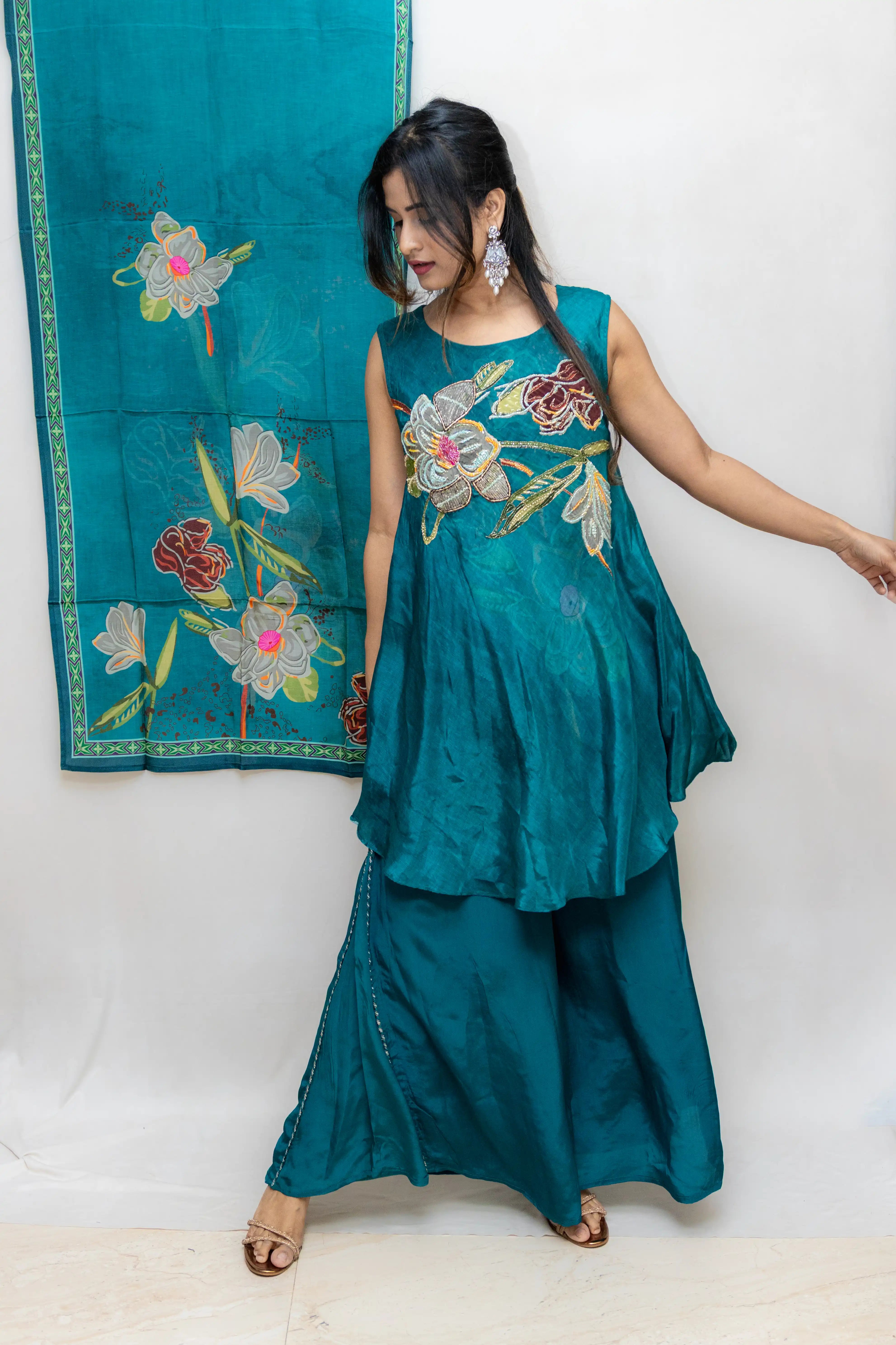 Peacock Green Floral Printed Palazzo Suit Set