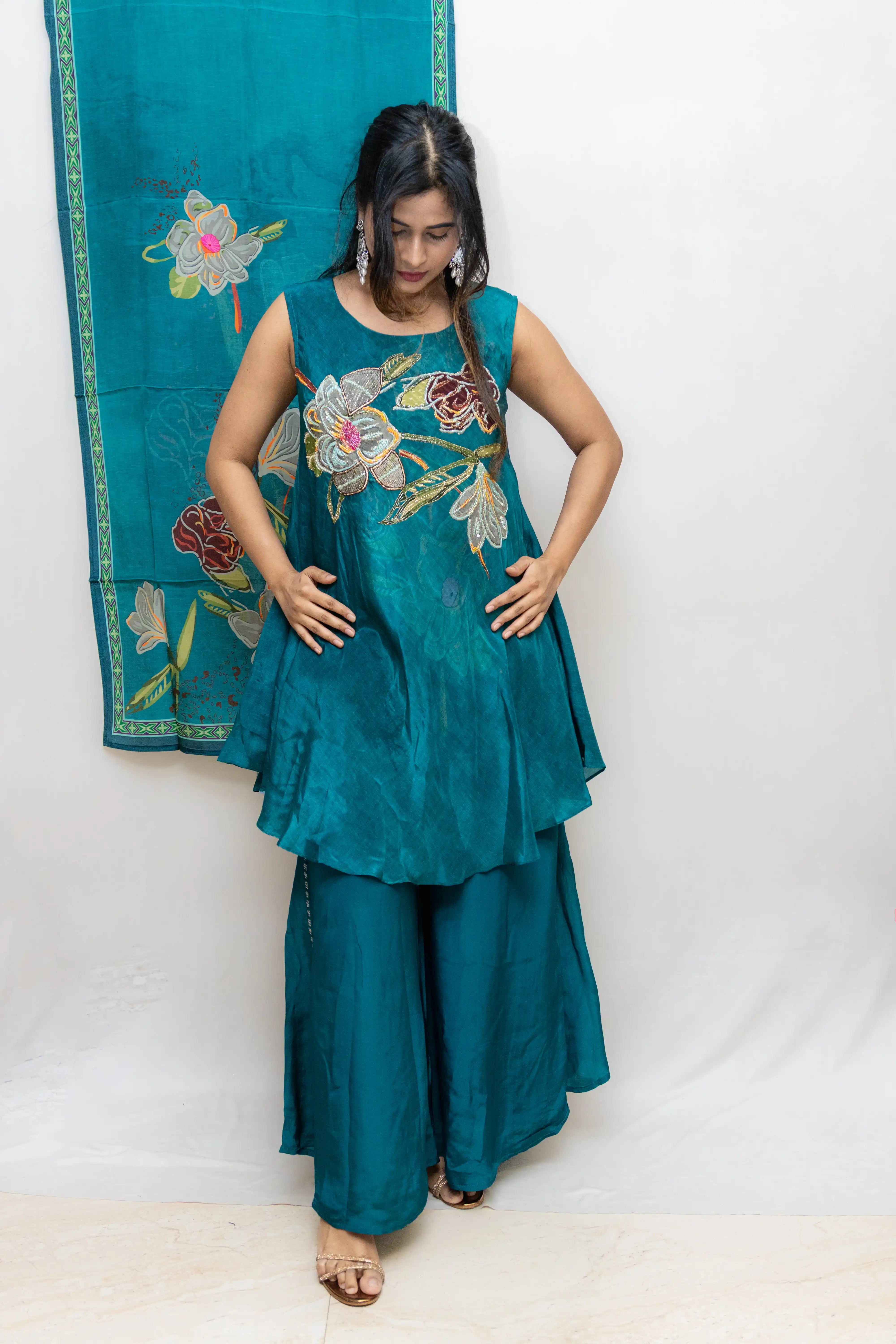 Peacock Green Floral Printed Palazzo Suit Set