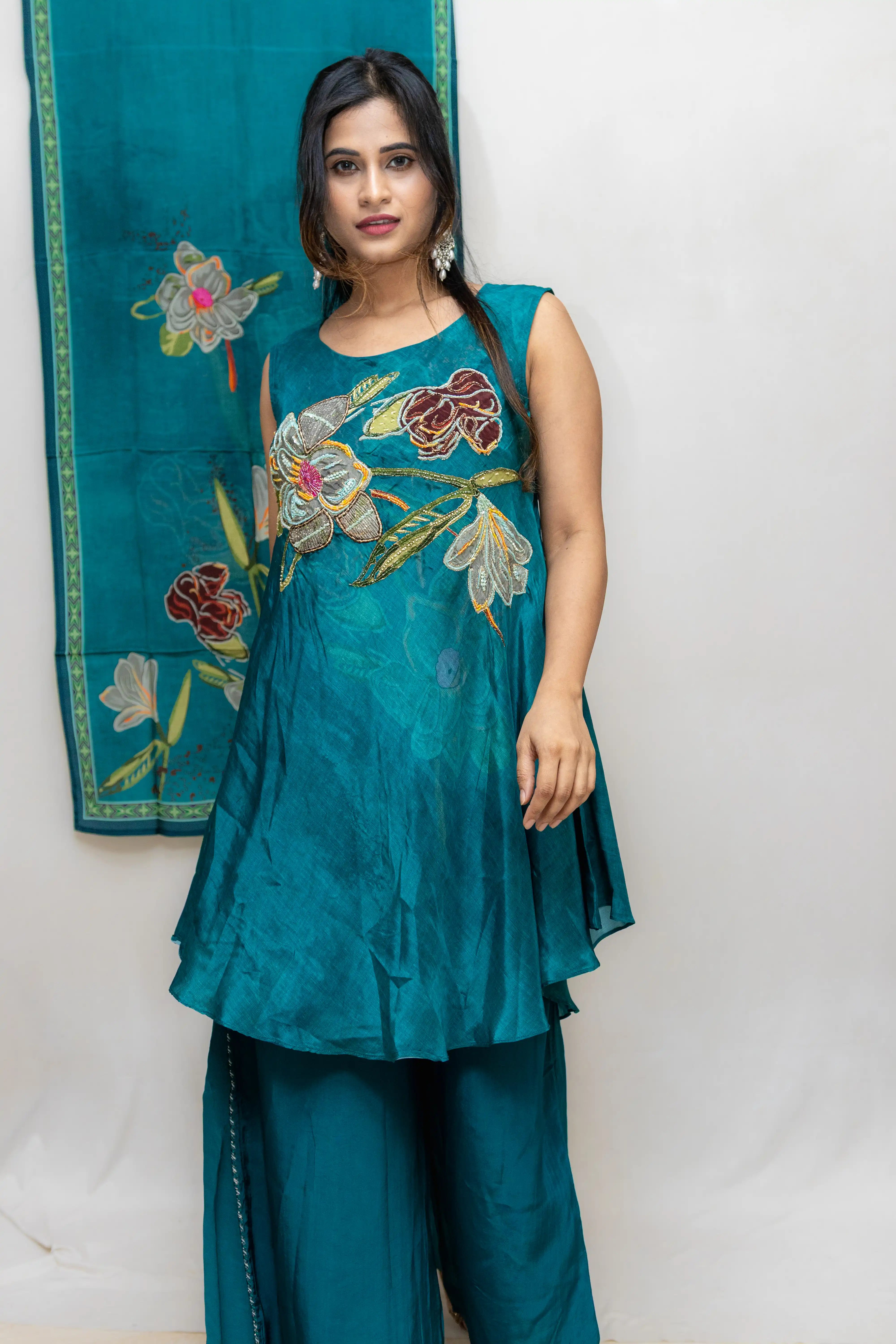 Peacock Green Floral Printed Palazzo Suit Set