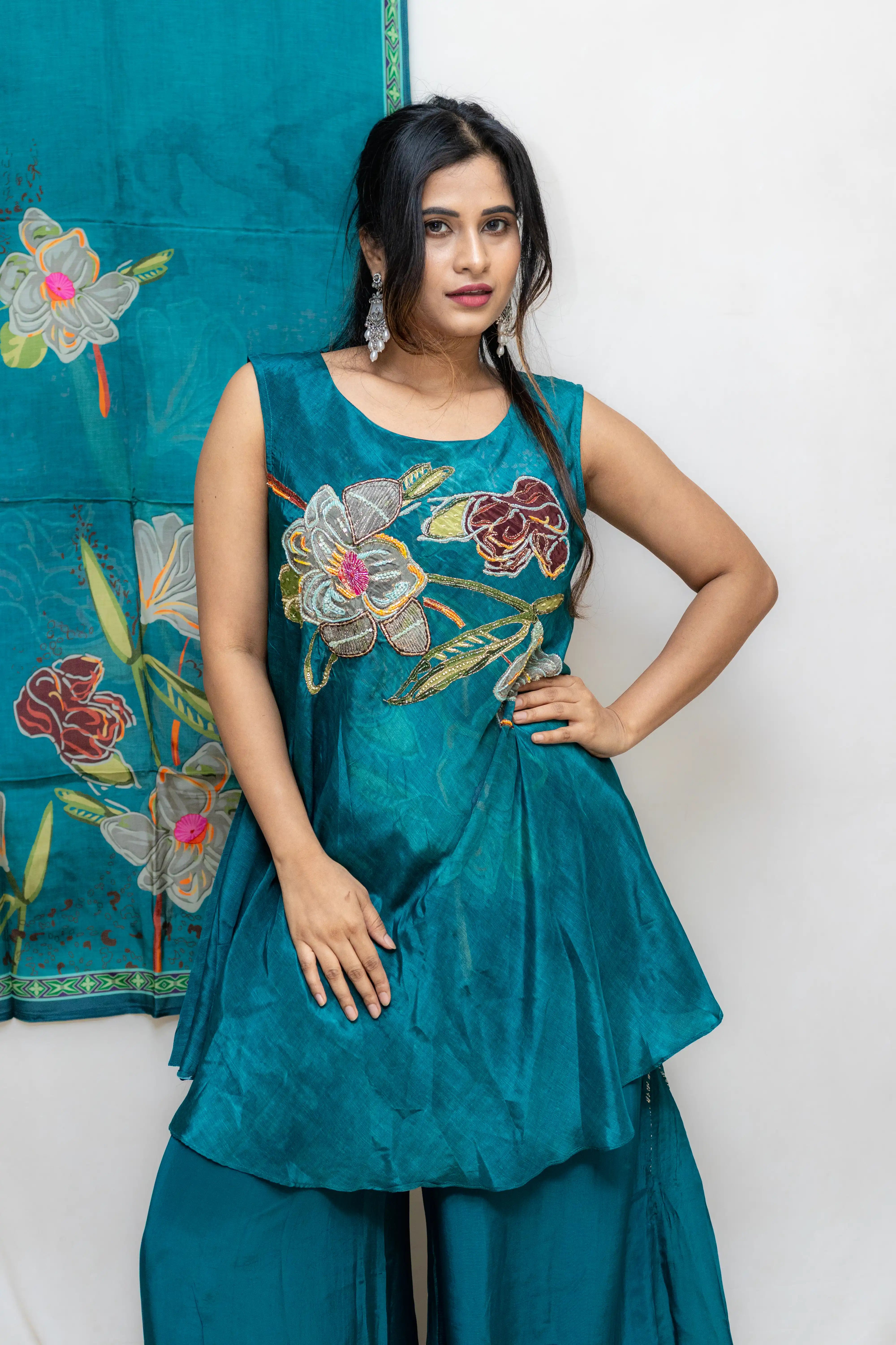 Peacock Green Floral Printed Palazzo Suit Set