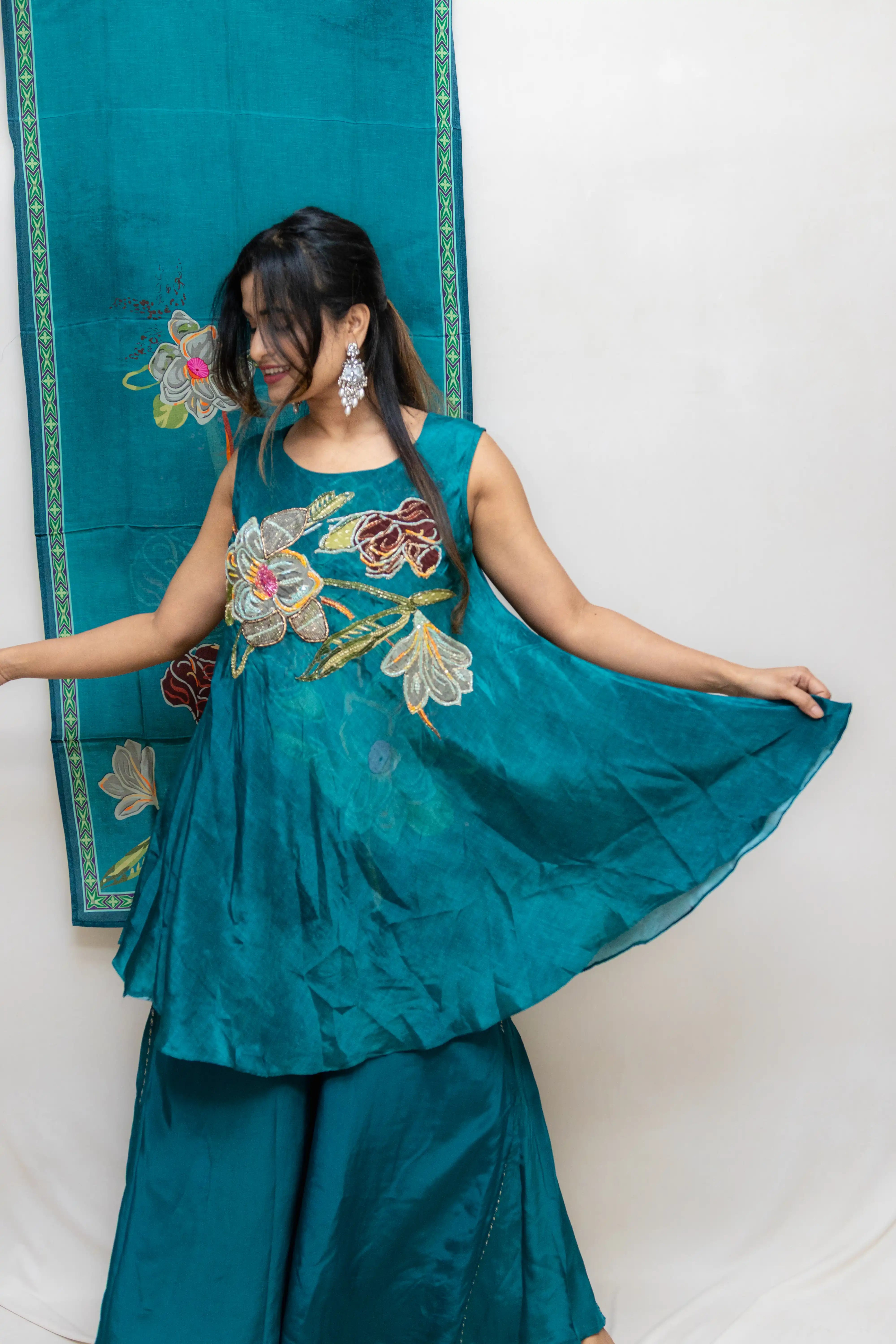 Peacock Green Floral Printed Palazzo Suit Set