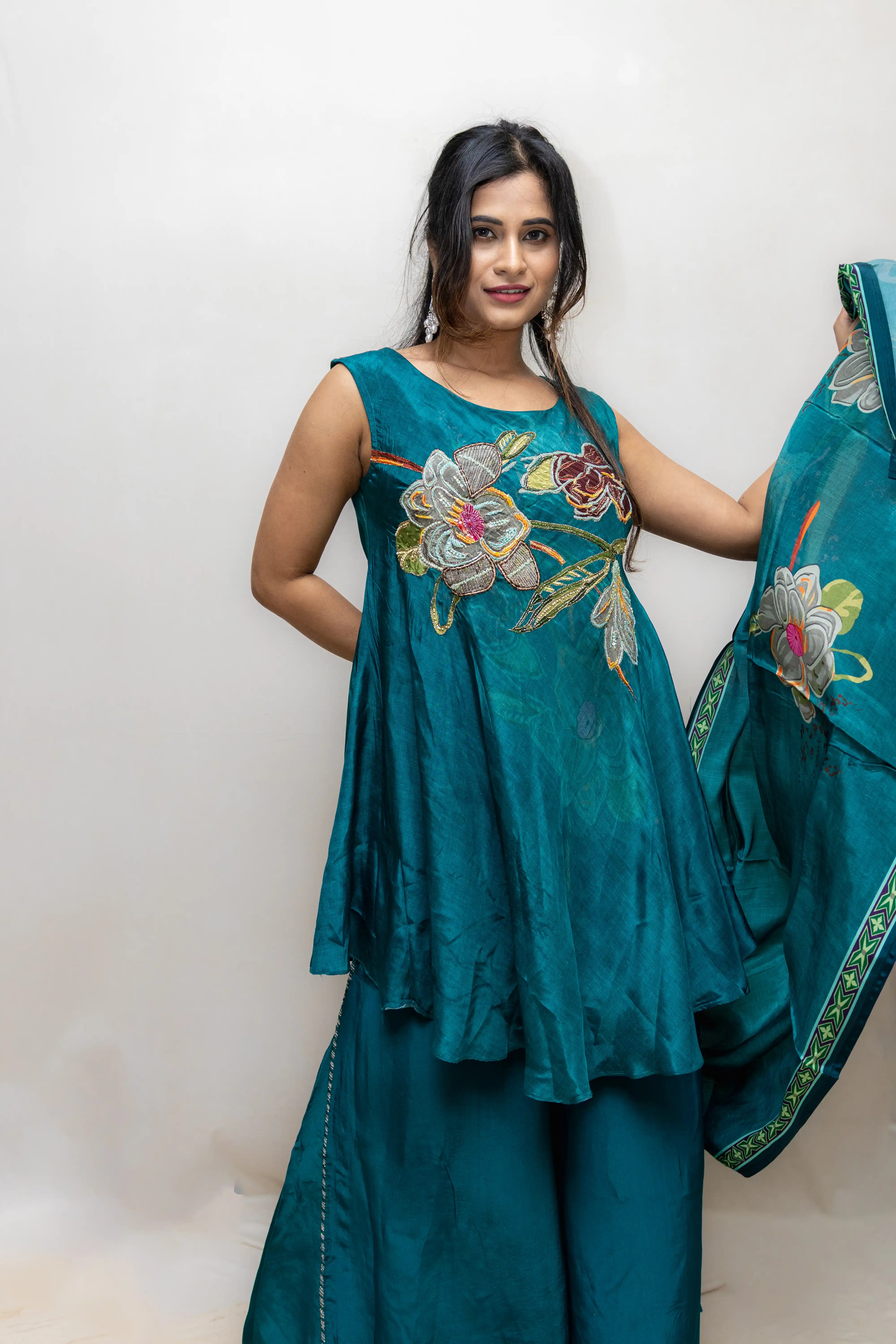 Peacock Green Floral Printed Palazzo Suit Set