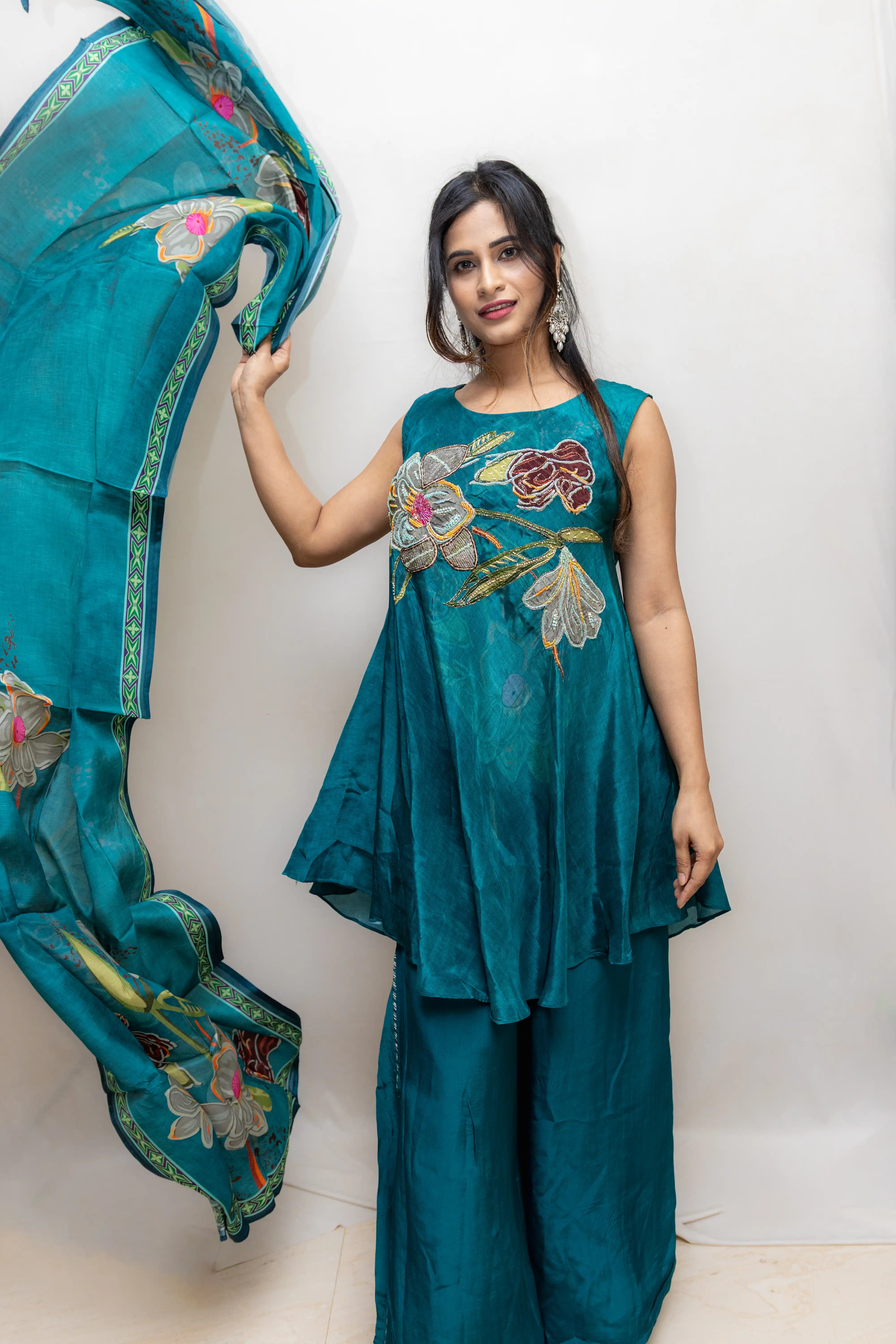 Peacock Green Floral Printed Palazzo Suit Set