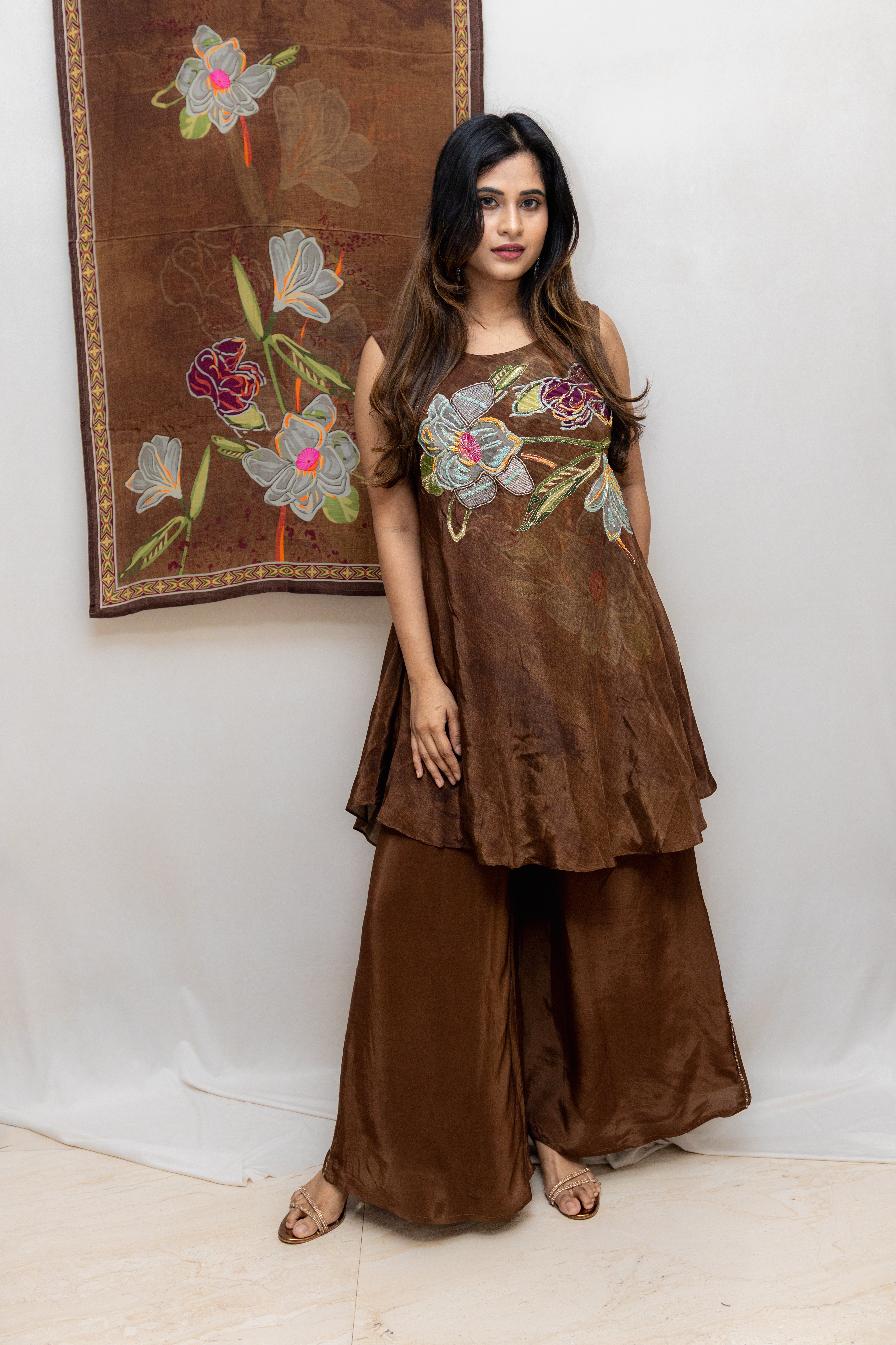 Brown Floral Embroidered Palazzo Suit Set