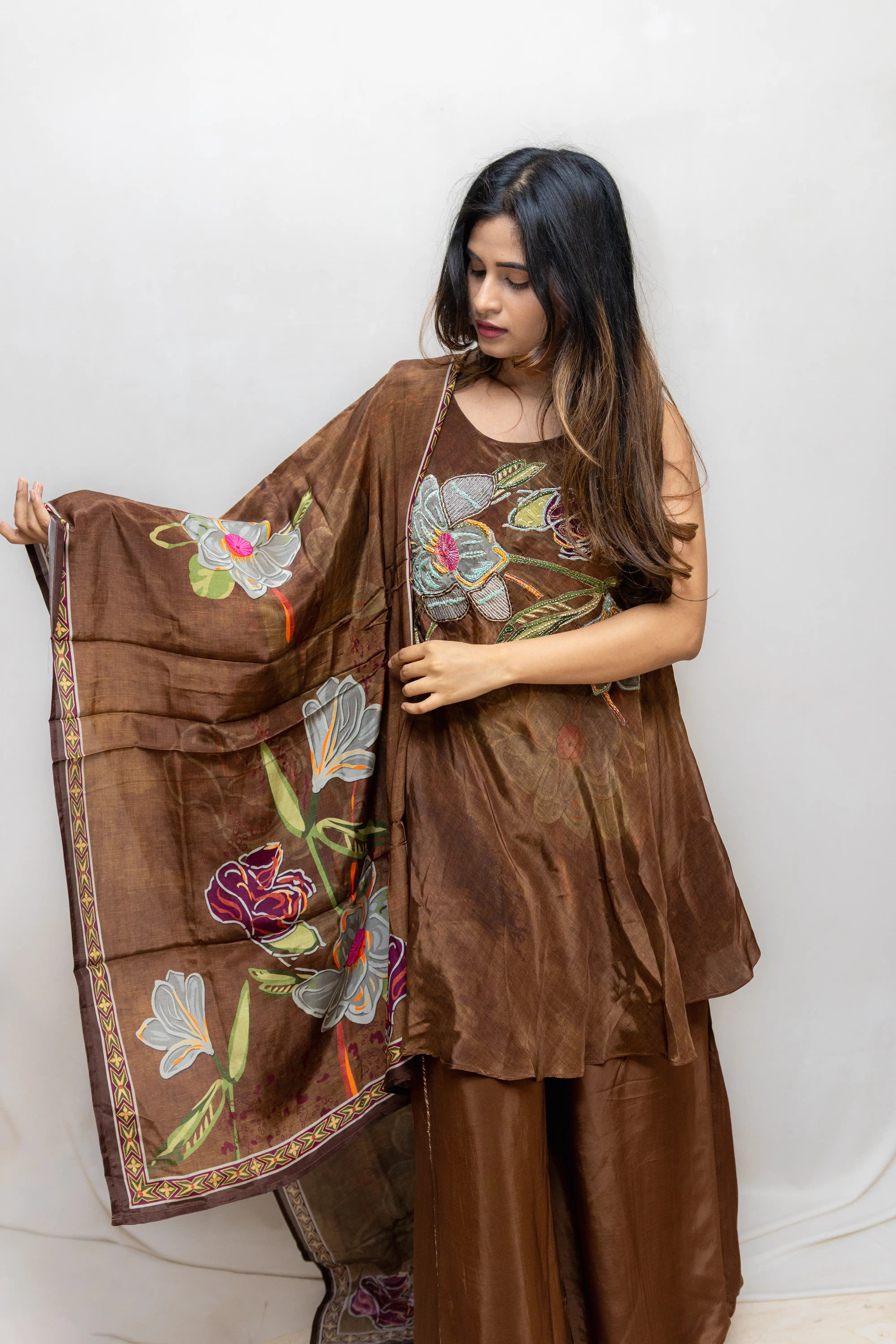 Brown Floral Embroidered Palazzo Suit Set