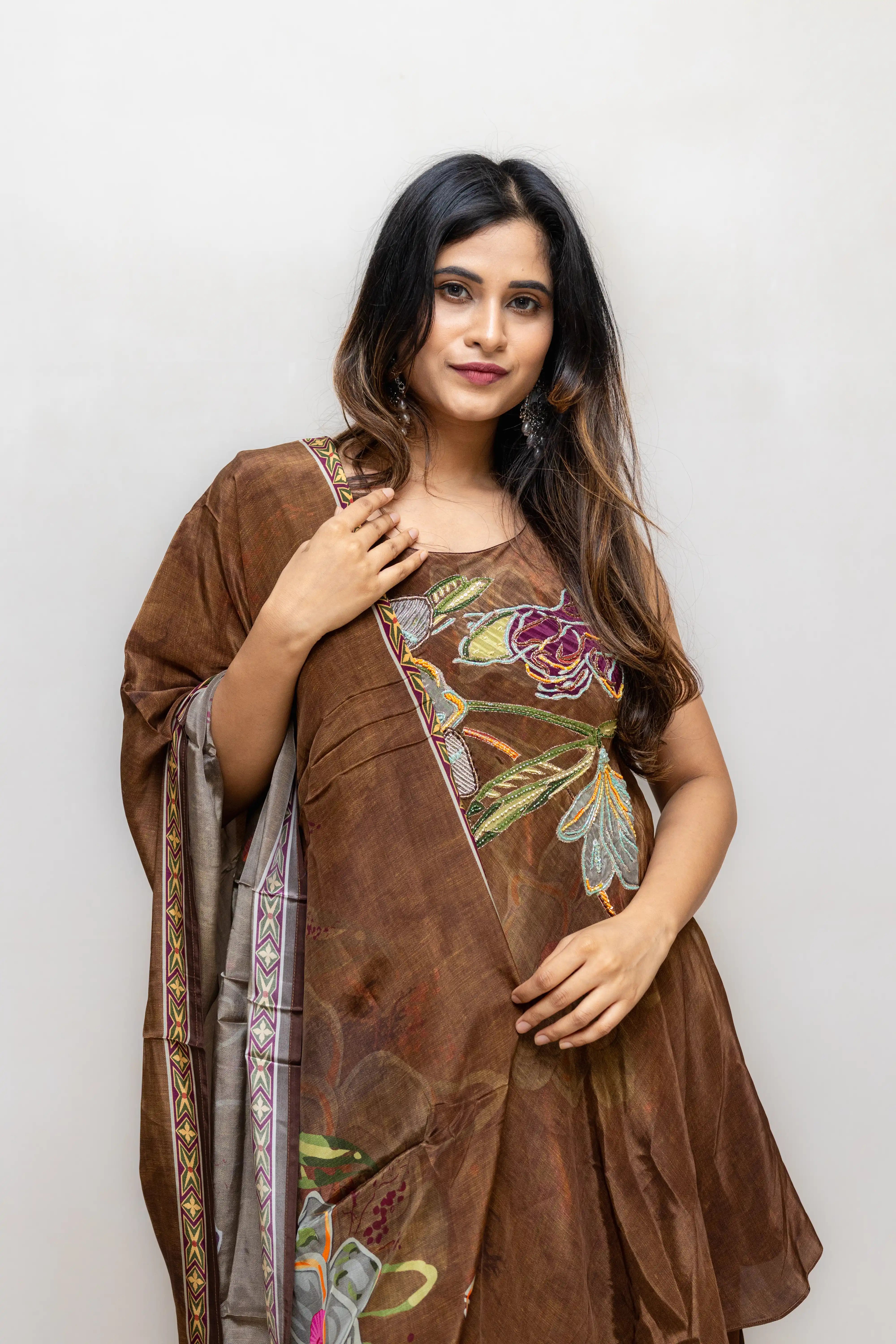 Brown Floral Embroidered Palazzo Suit Set