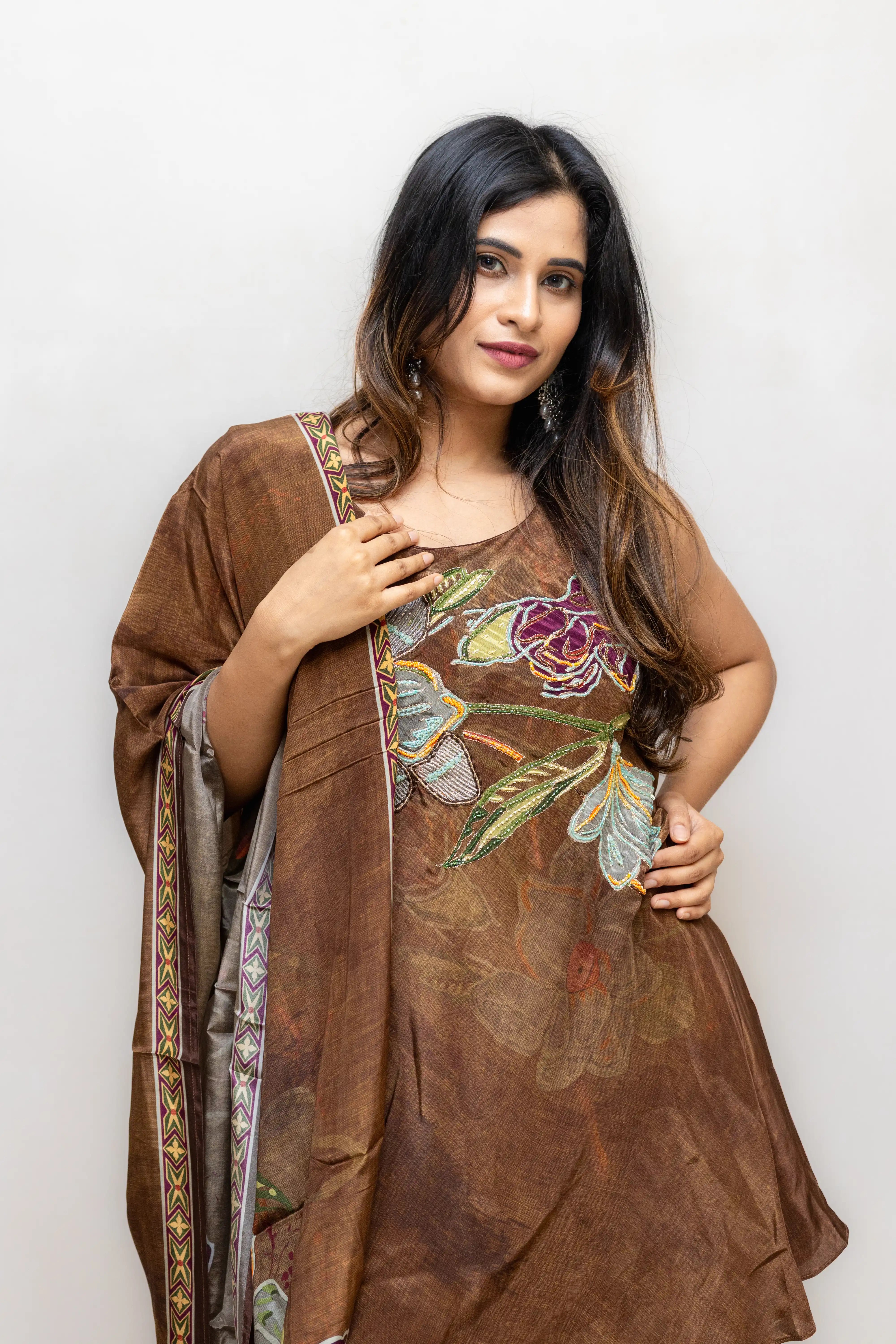 Brown Floral Embroidered Palazzo Suit Set