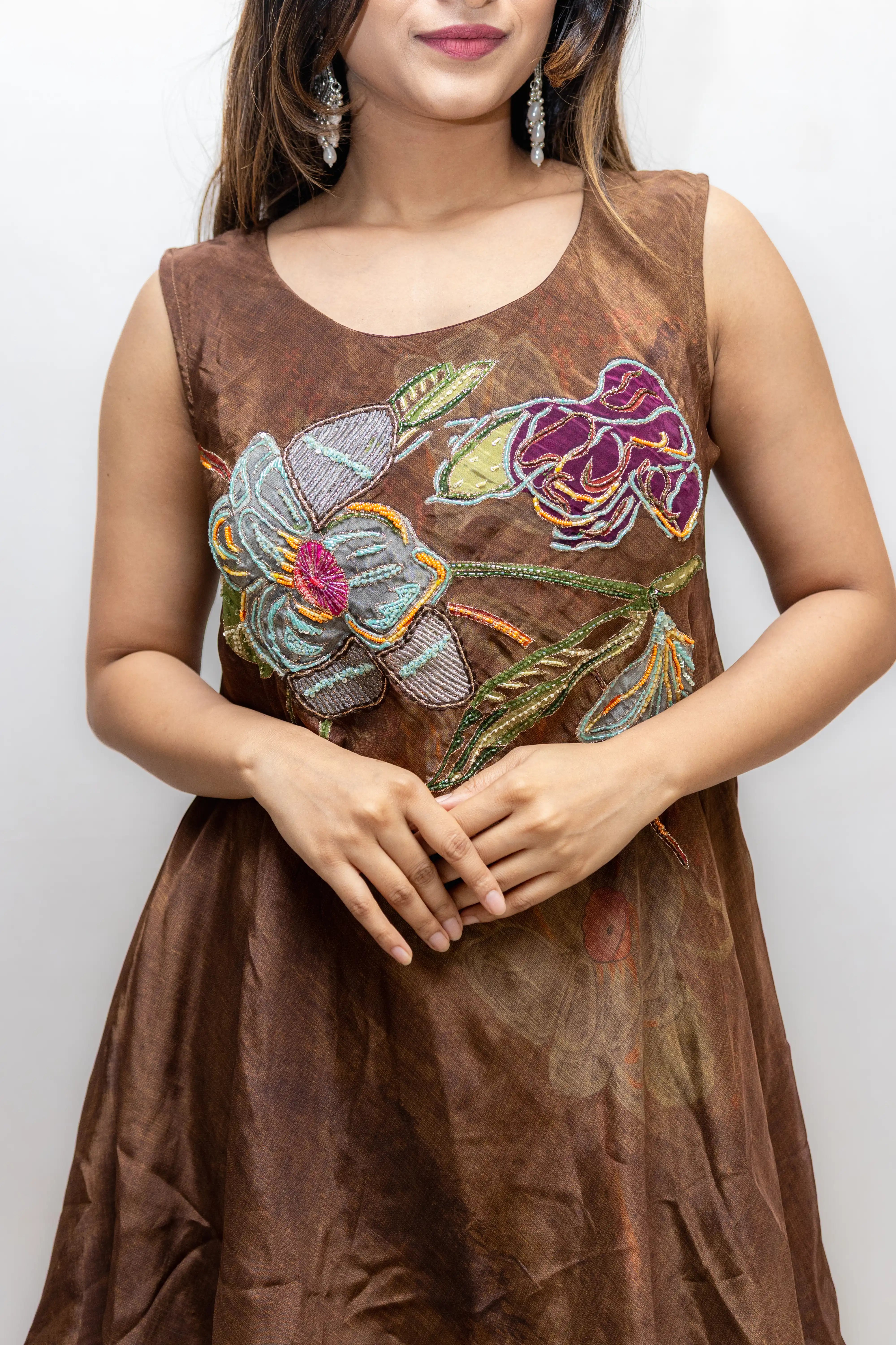 Brown Floral Embroidered Palazzo Suit Set