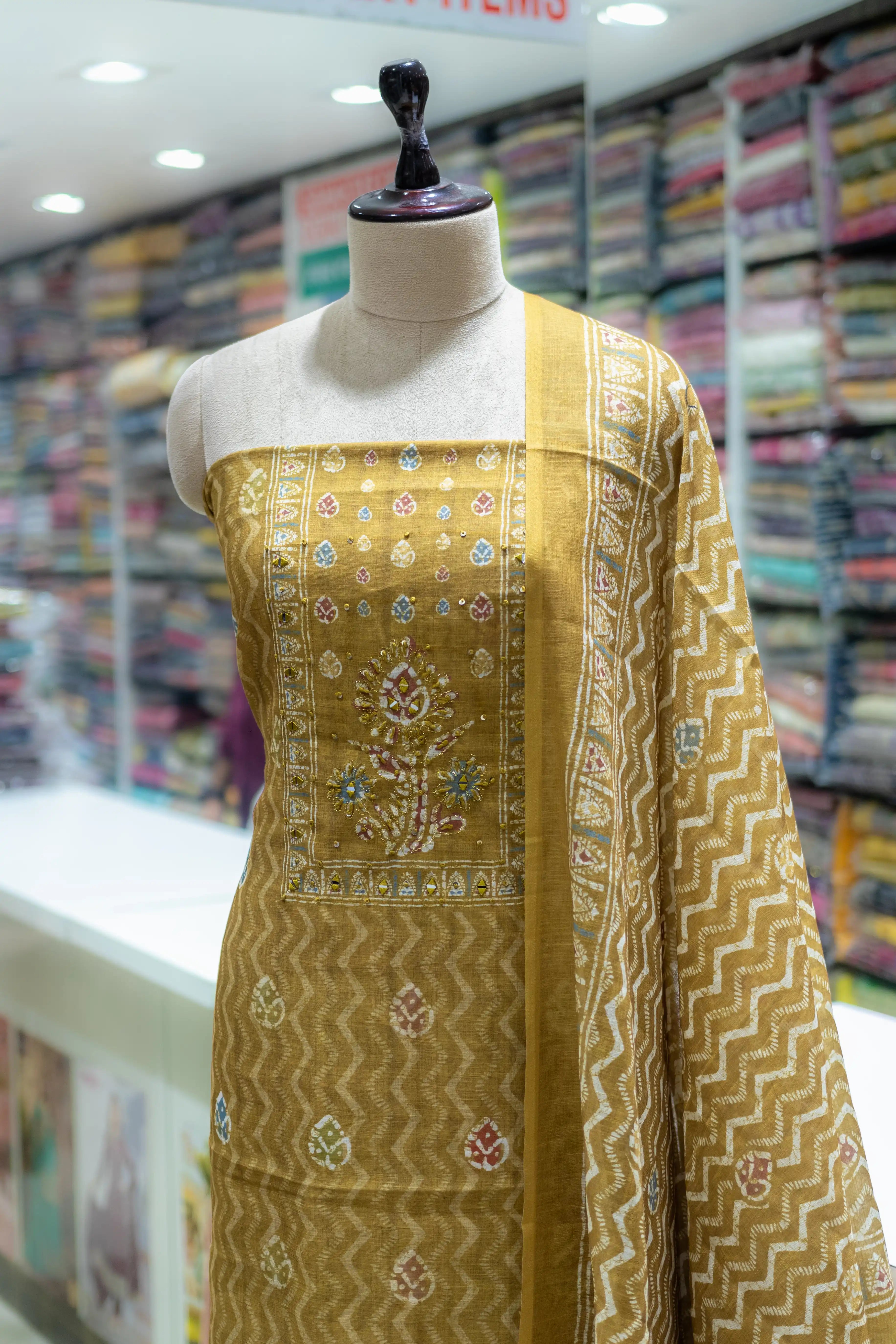 Yellow Printed Dress Material with Designer Dupatta