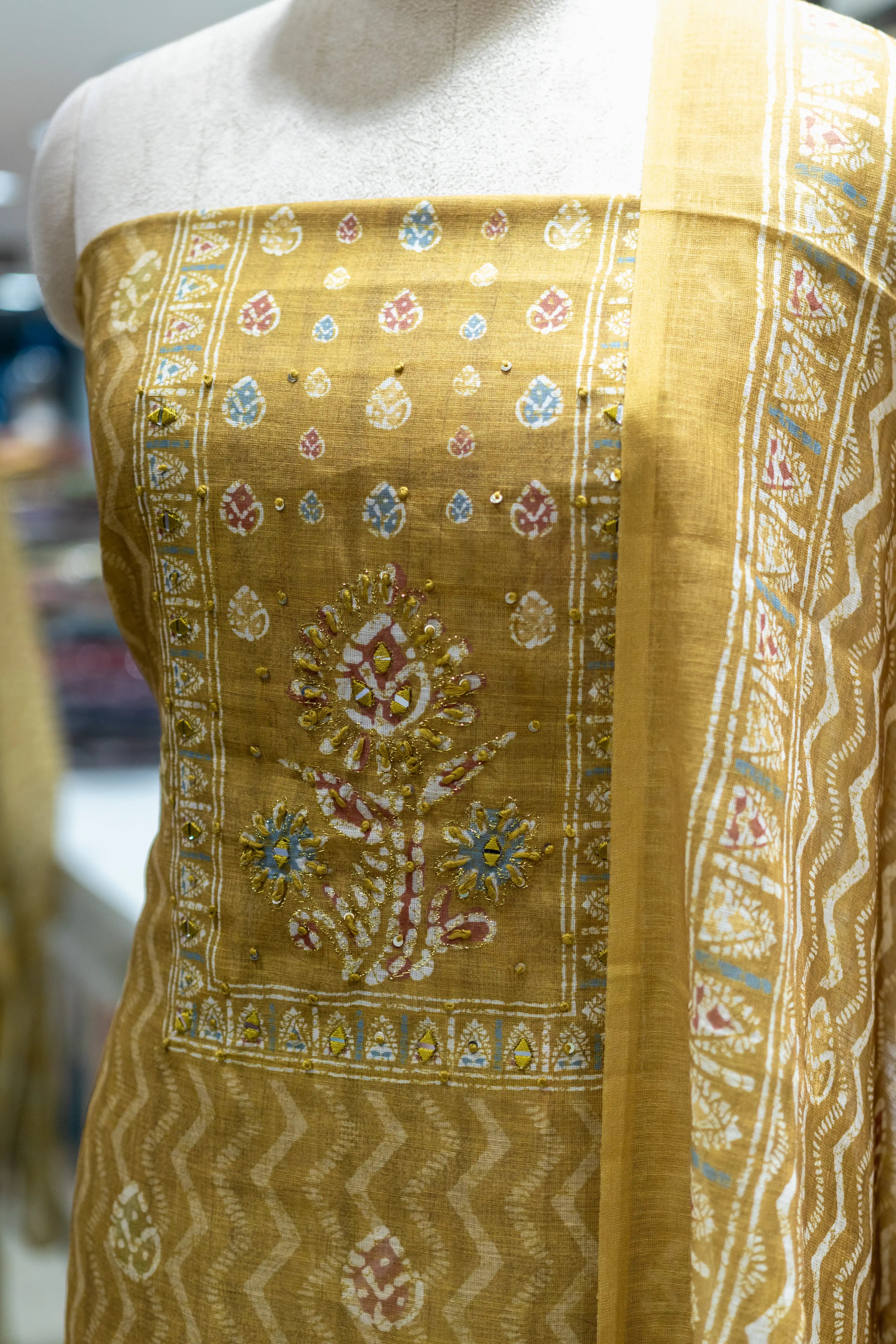 Yellow Printed Dress Material with Designer Dupatta