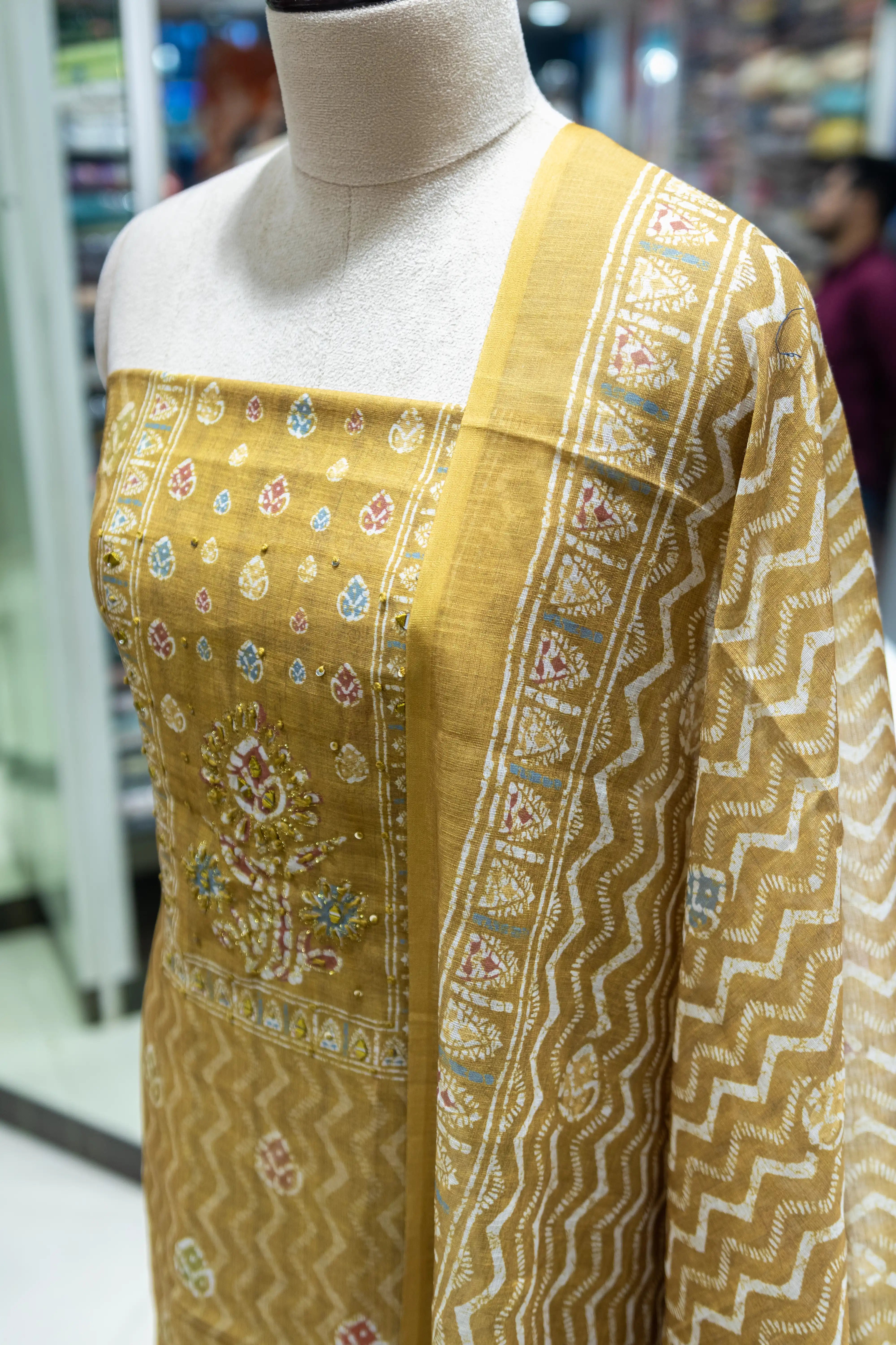 Yellow Printed Dress Material with Designer Dupatta