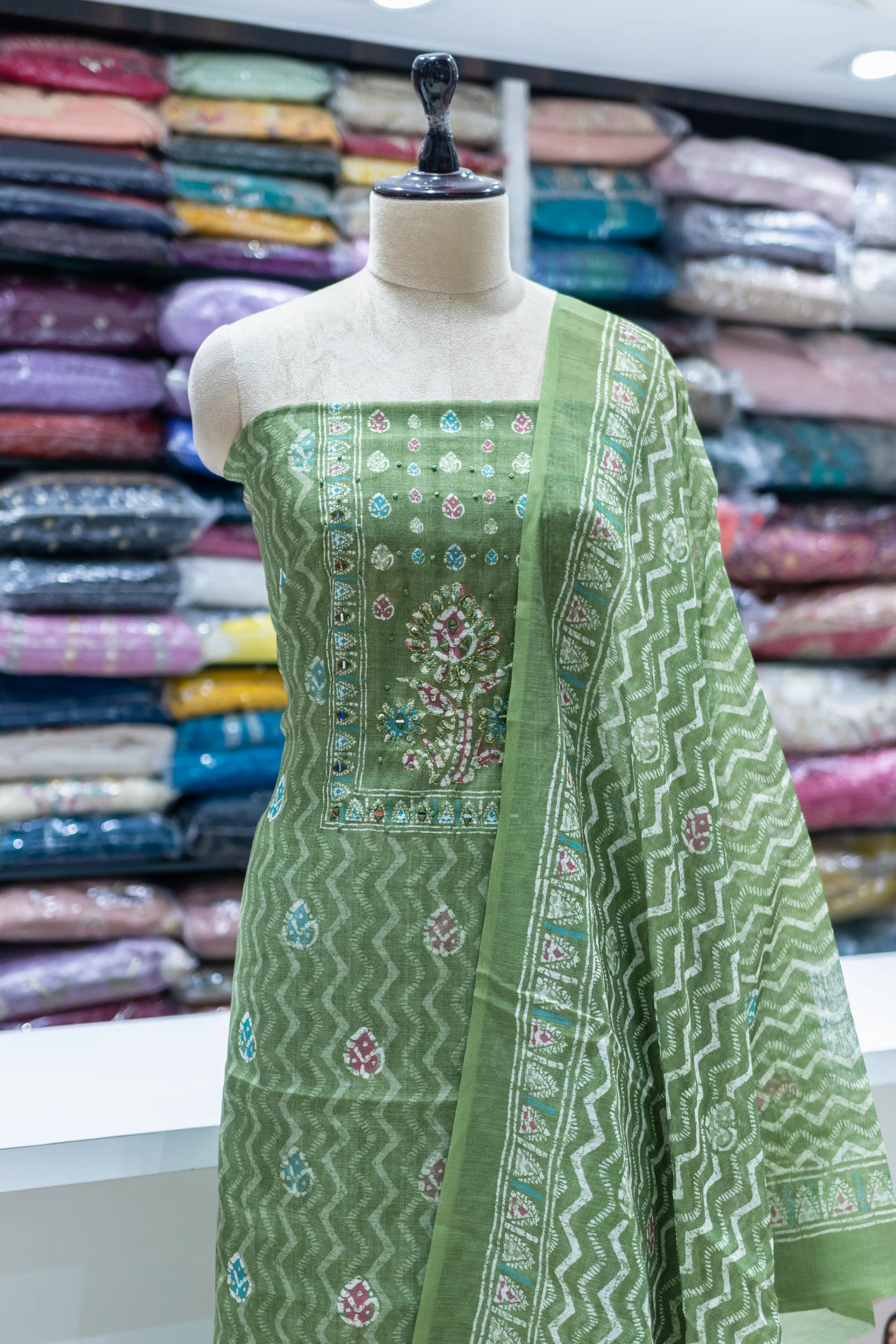 Elegant Green Printed Dress Material with Matching Dupatta