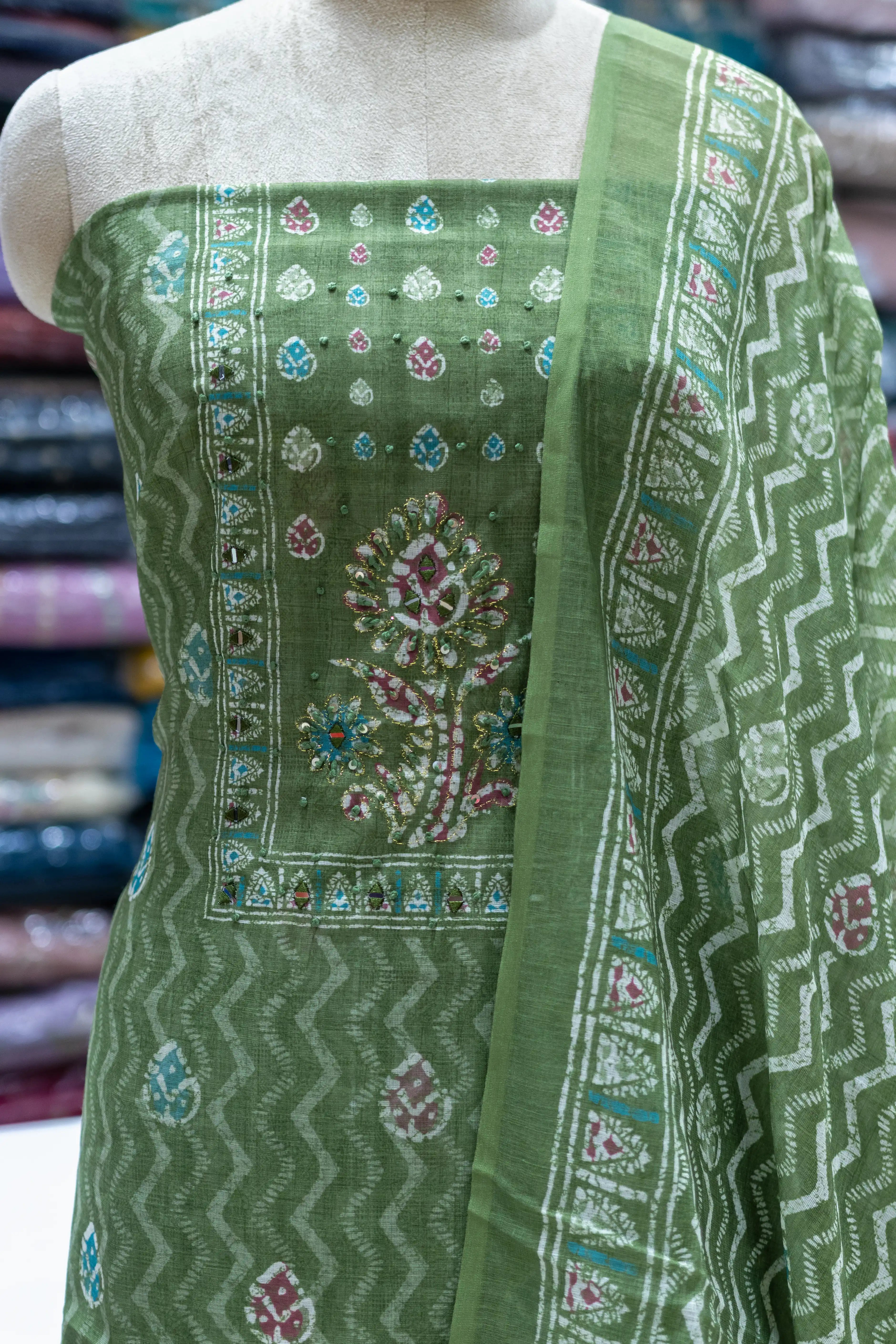 Elegant Green Printed Dress Material with Matching Dupatta