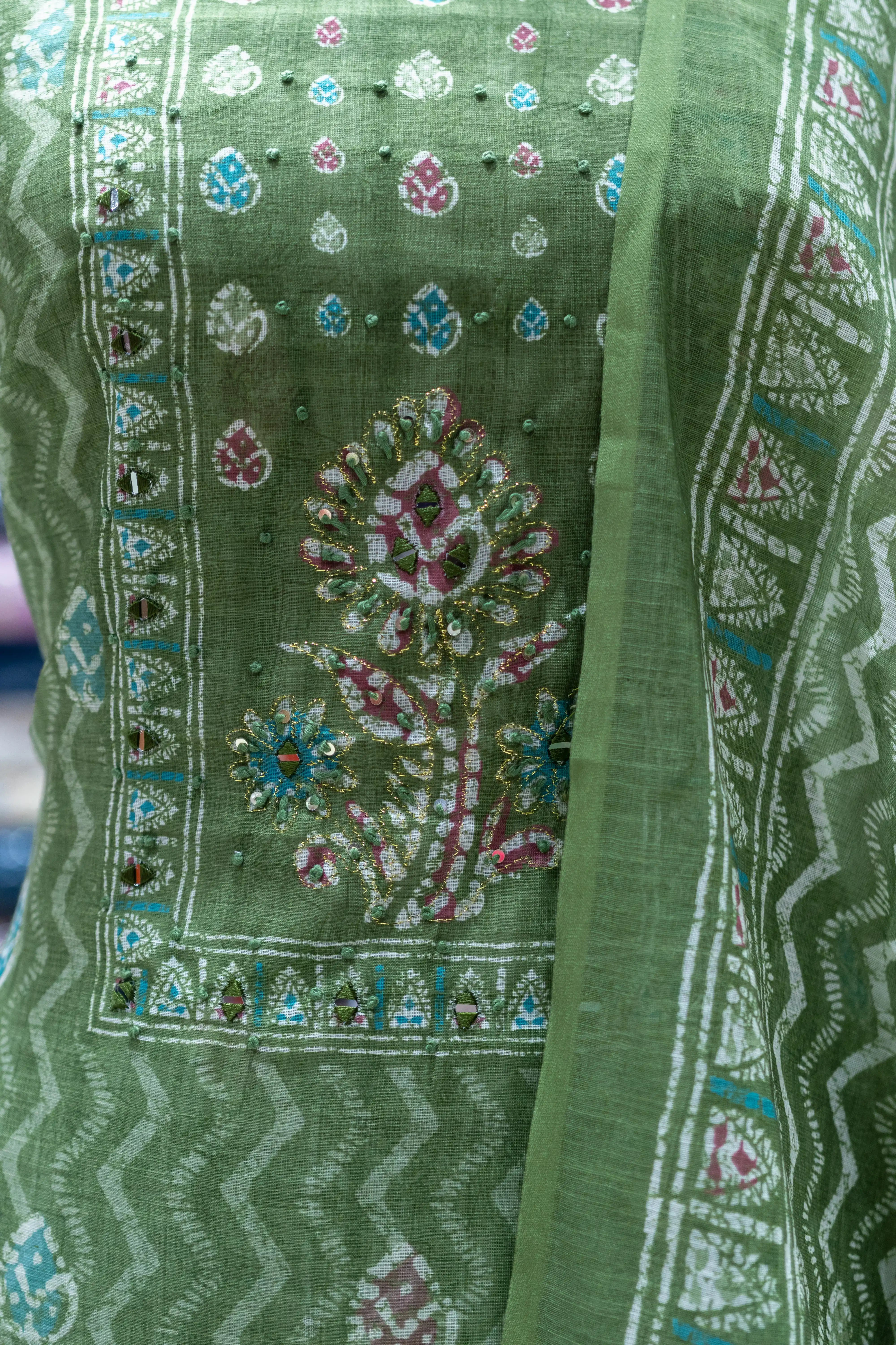 Elegant Green Printed Dress Material with Matching Dupatta