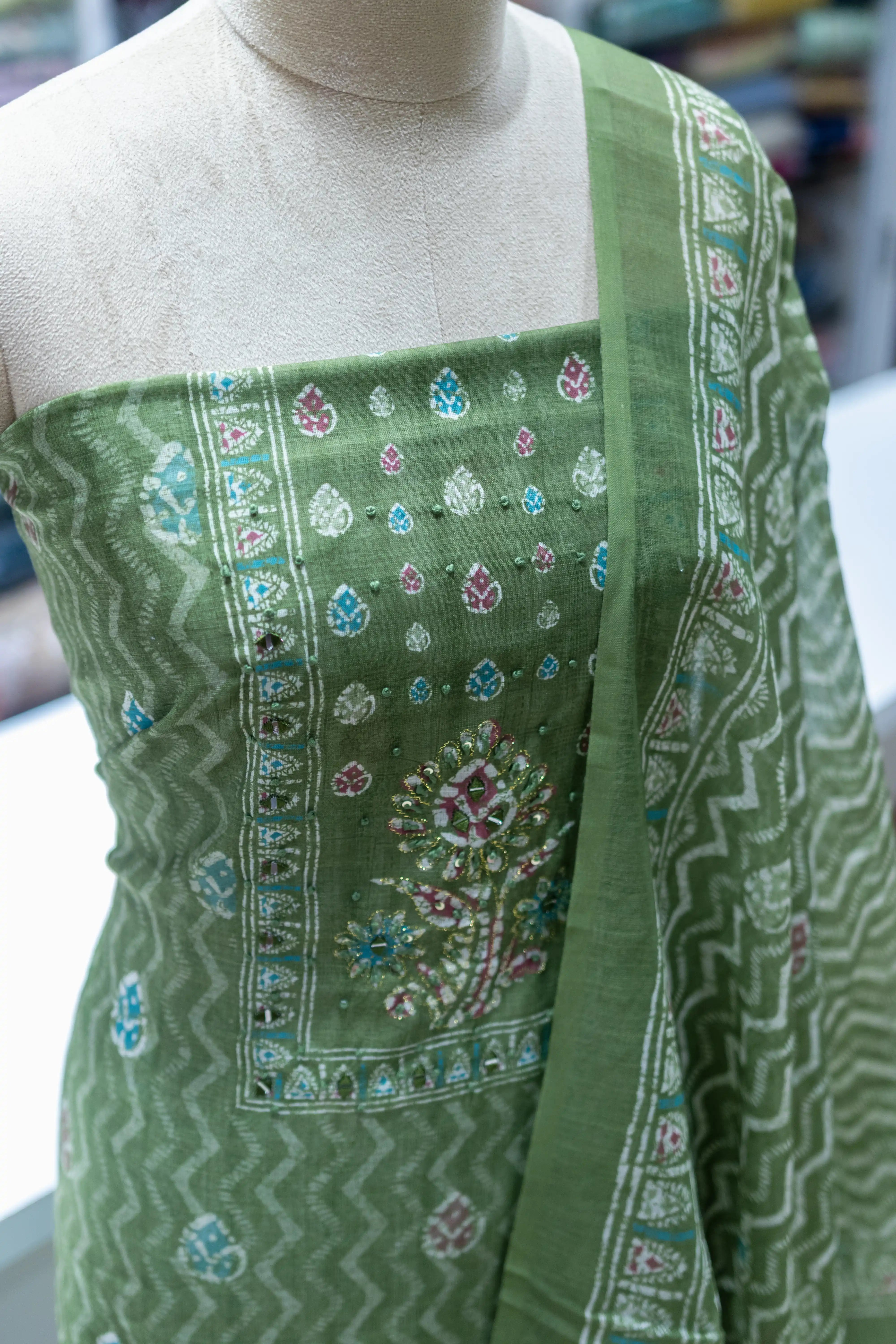Elegant Green Printed Dress Material with Matching Dupatta