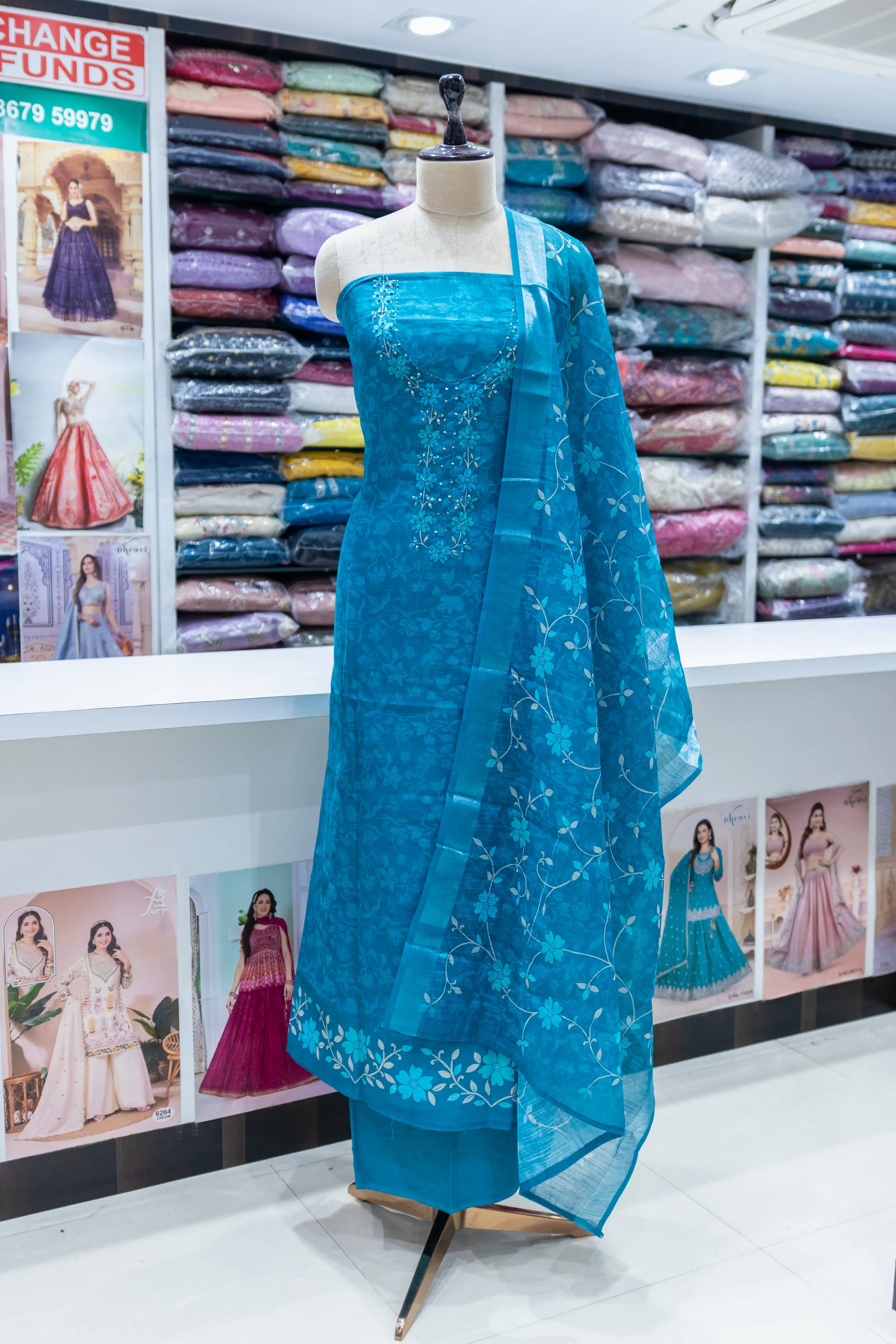 Rama Green Printed Dress Material with Floral Dupatta