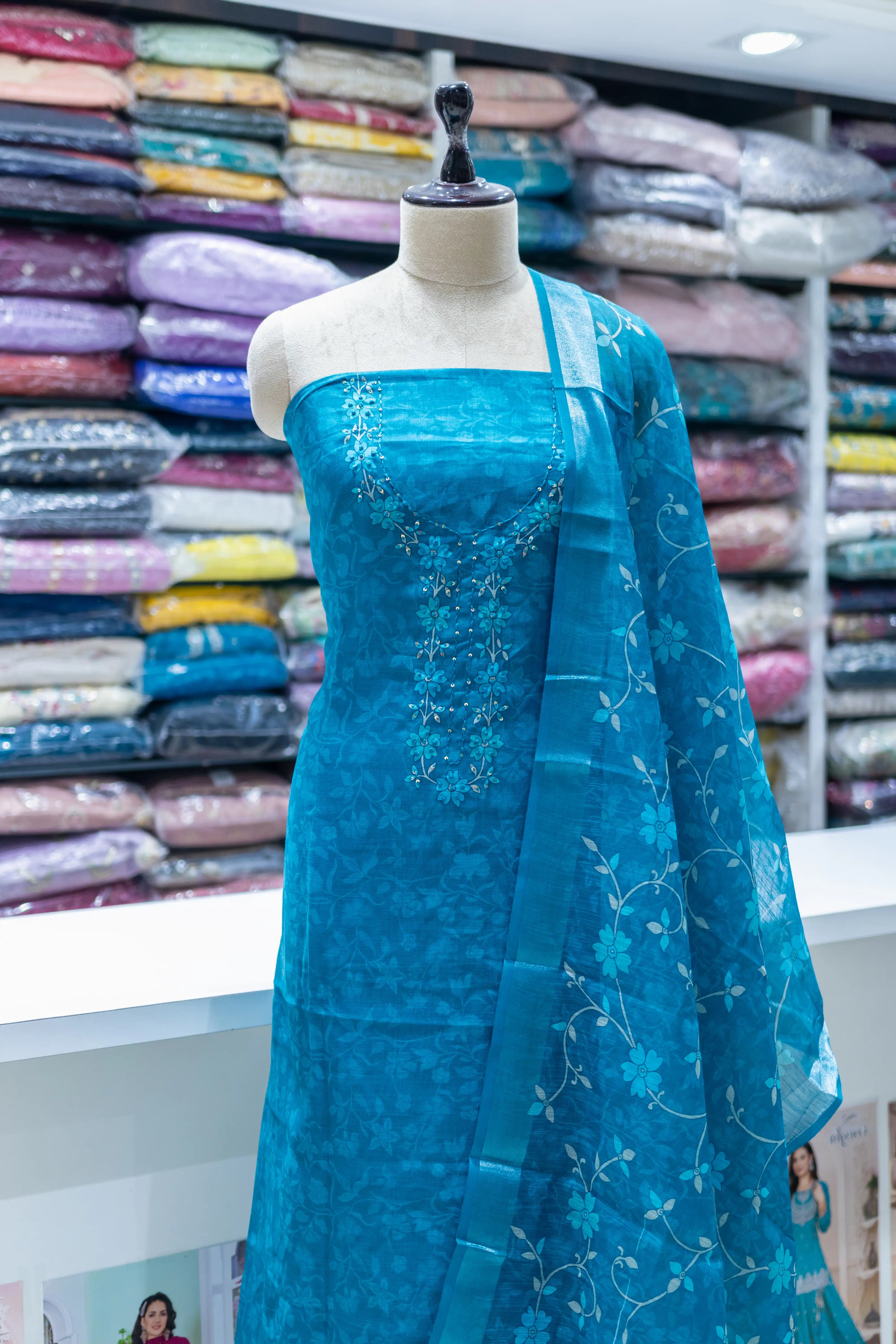 Rama Green Printed Dress Material with Floral Dupatta