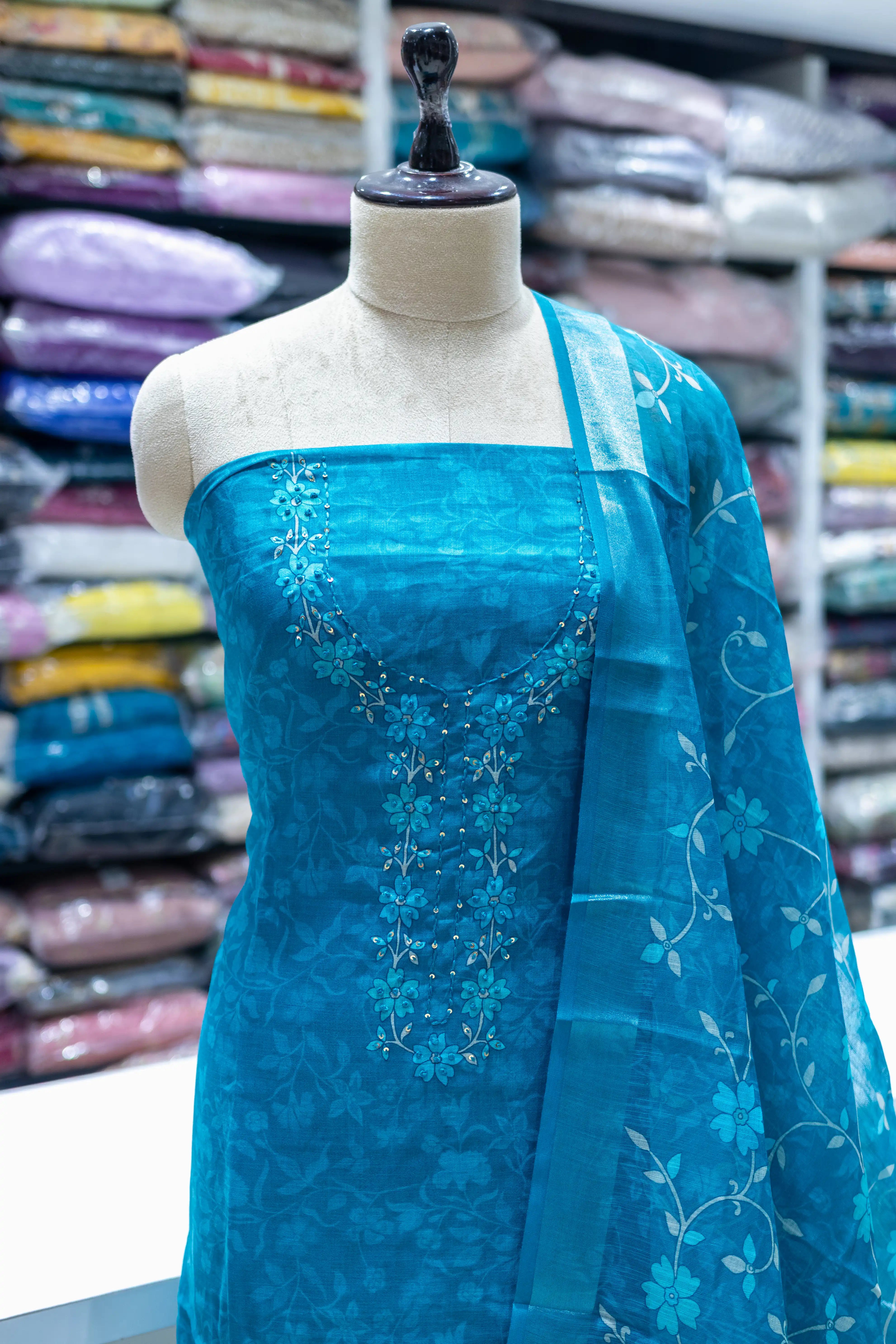 Rama Green Printed Dress Material with Floral Dupatta