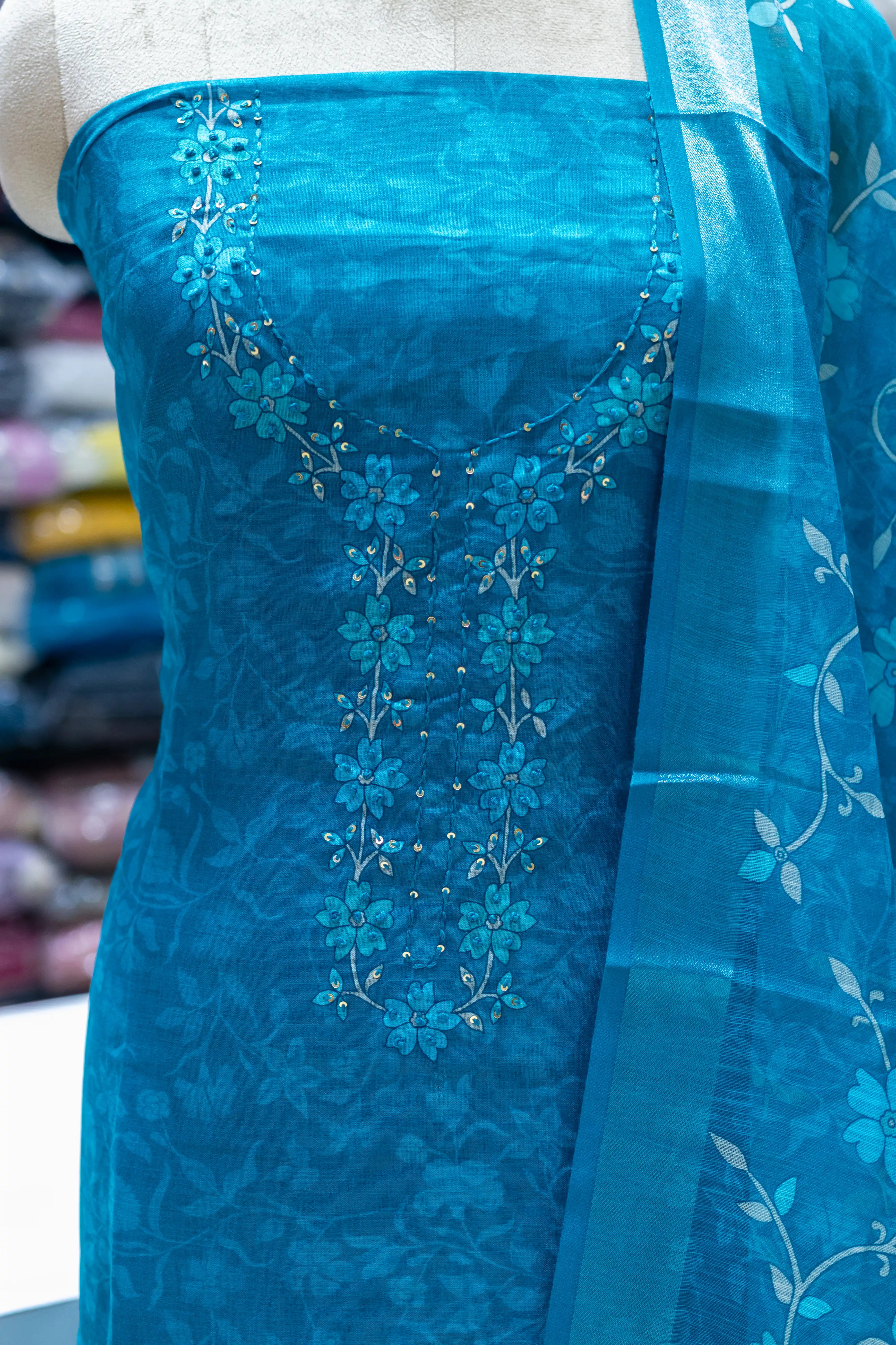 Rama Green Printed Dress Material with Floral Dupatta
