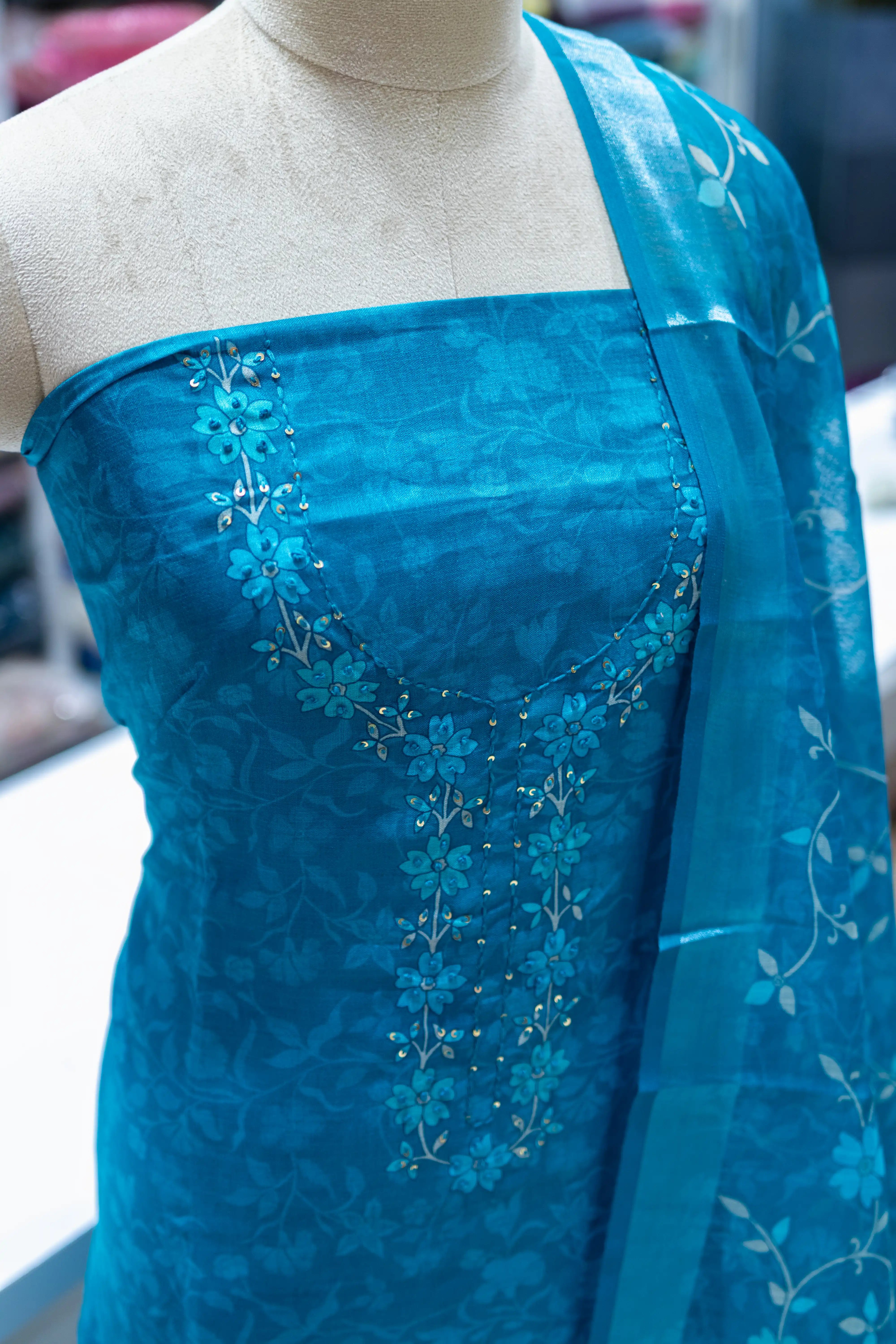 Rama Green Printed Dress Material with Floral Dupatta