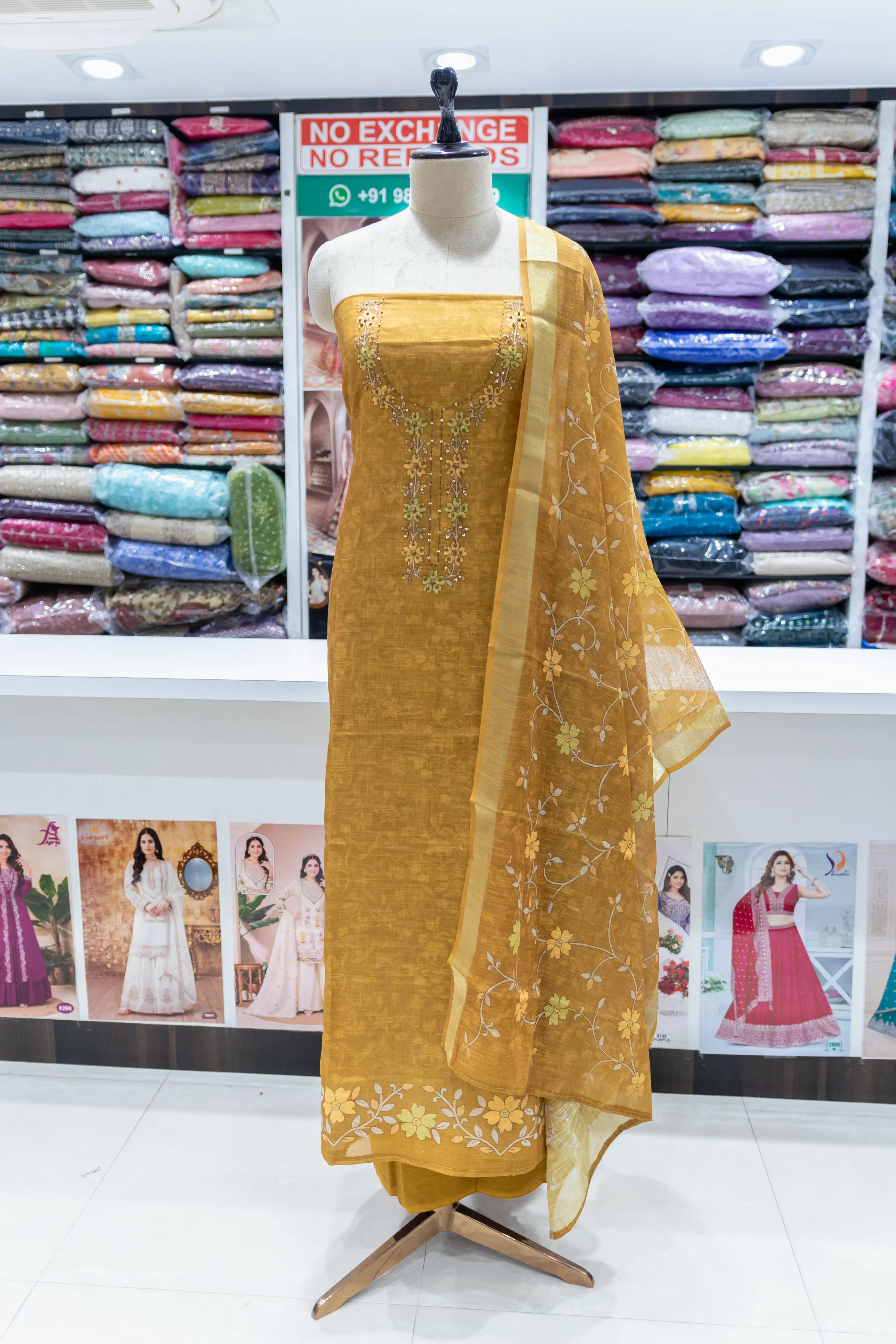 Mustard Yellow Embroidered Dress Material with Floral Dupatta