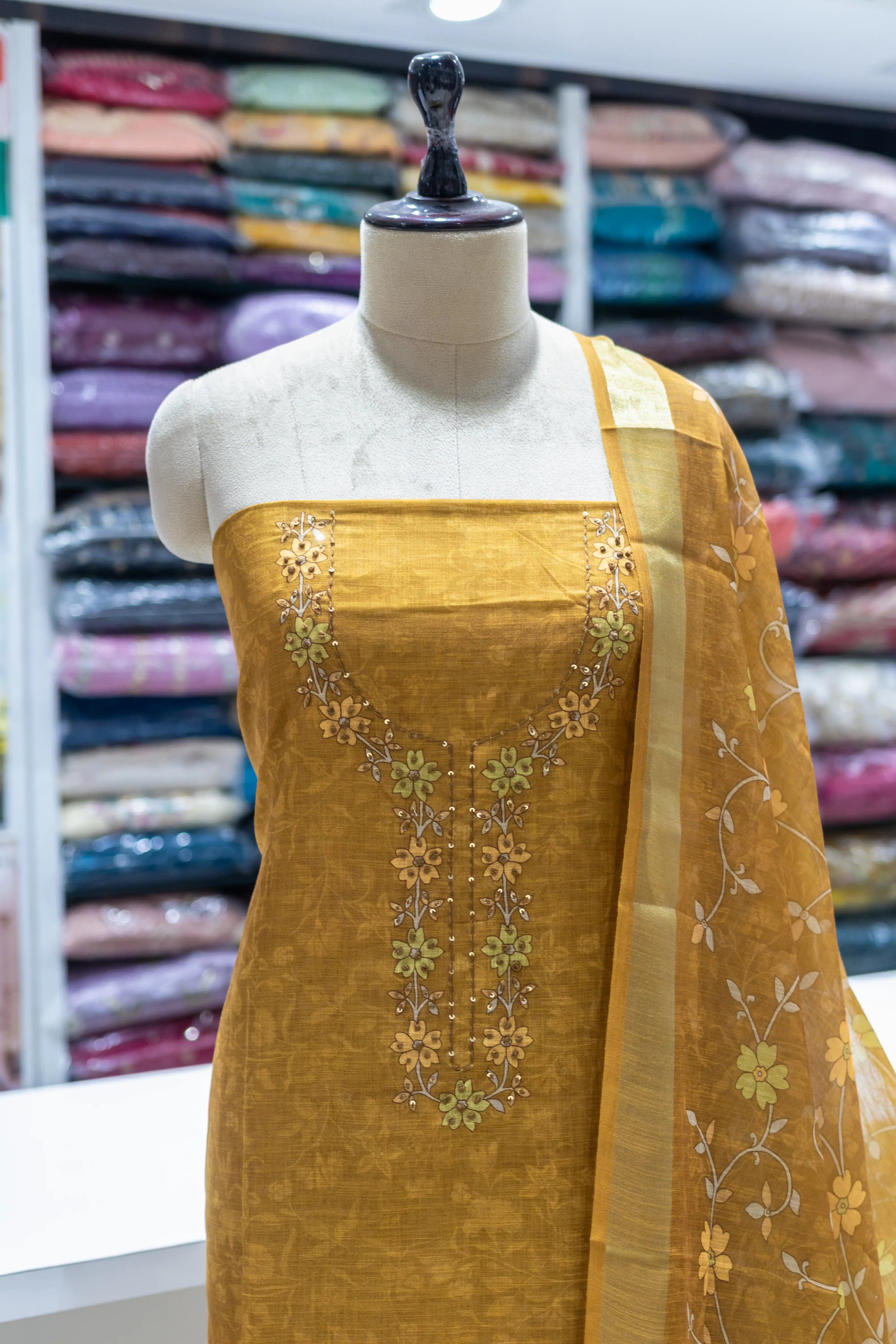 Mustard Yellow Embroidered Dress Material with Floral Dupatta