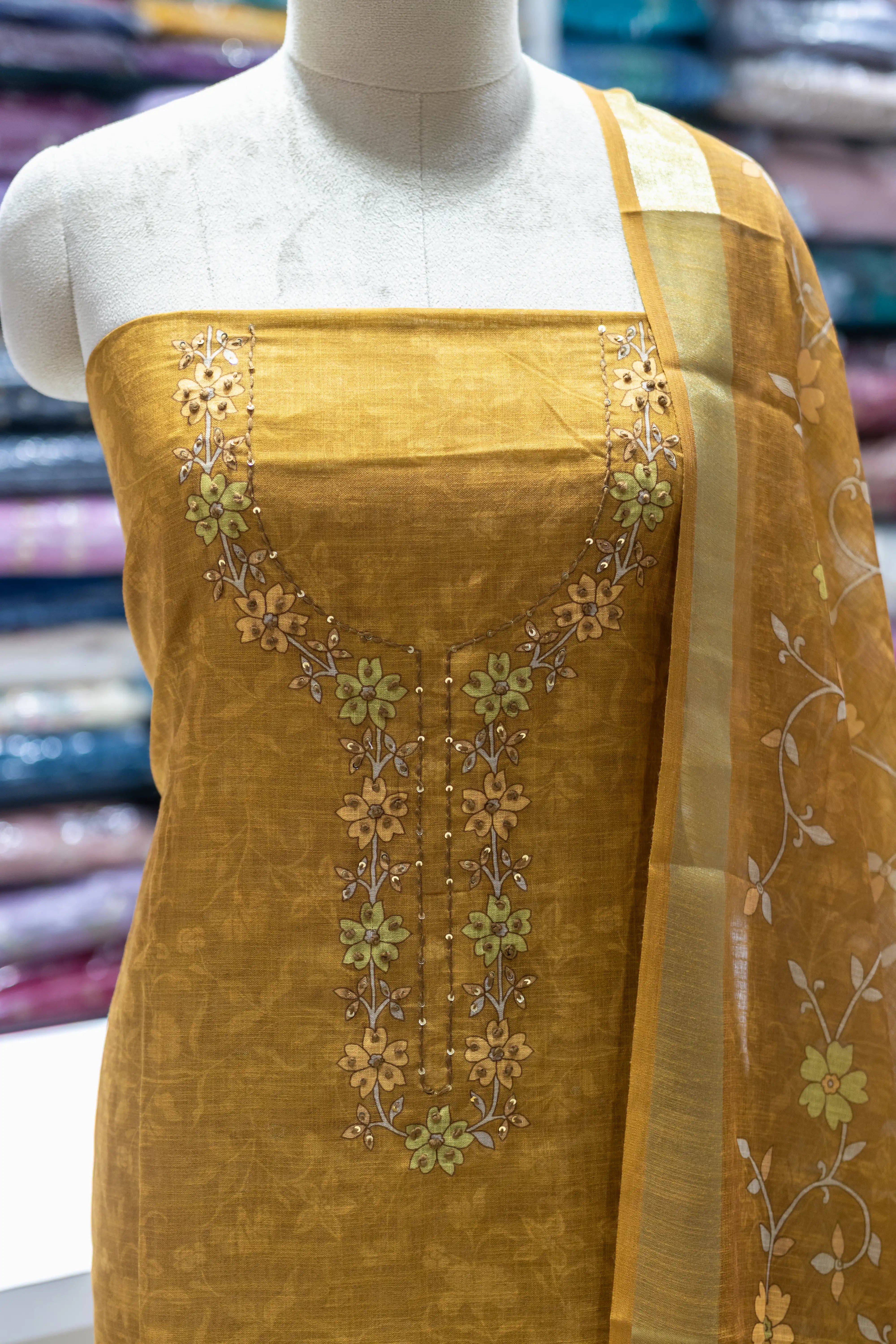 Mustard Yellow Embroidered Dress Material with Floral Dupatta