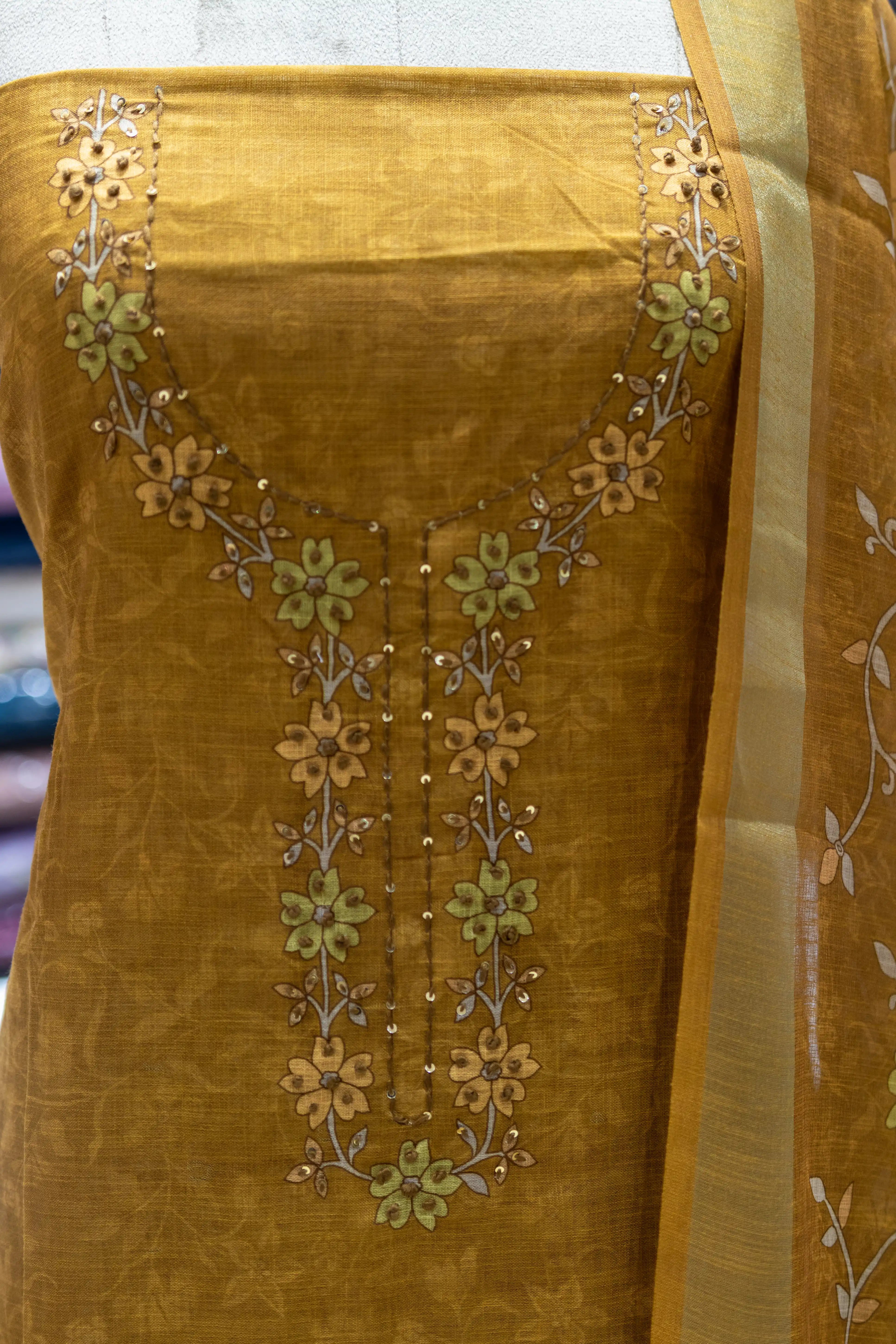 Mustard Yellow Embroidered Dress Material with Floral Dupatta