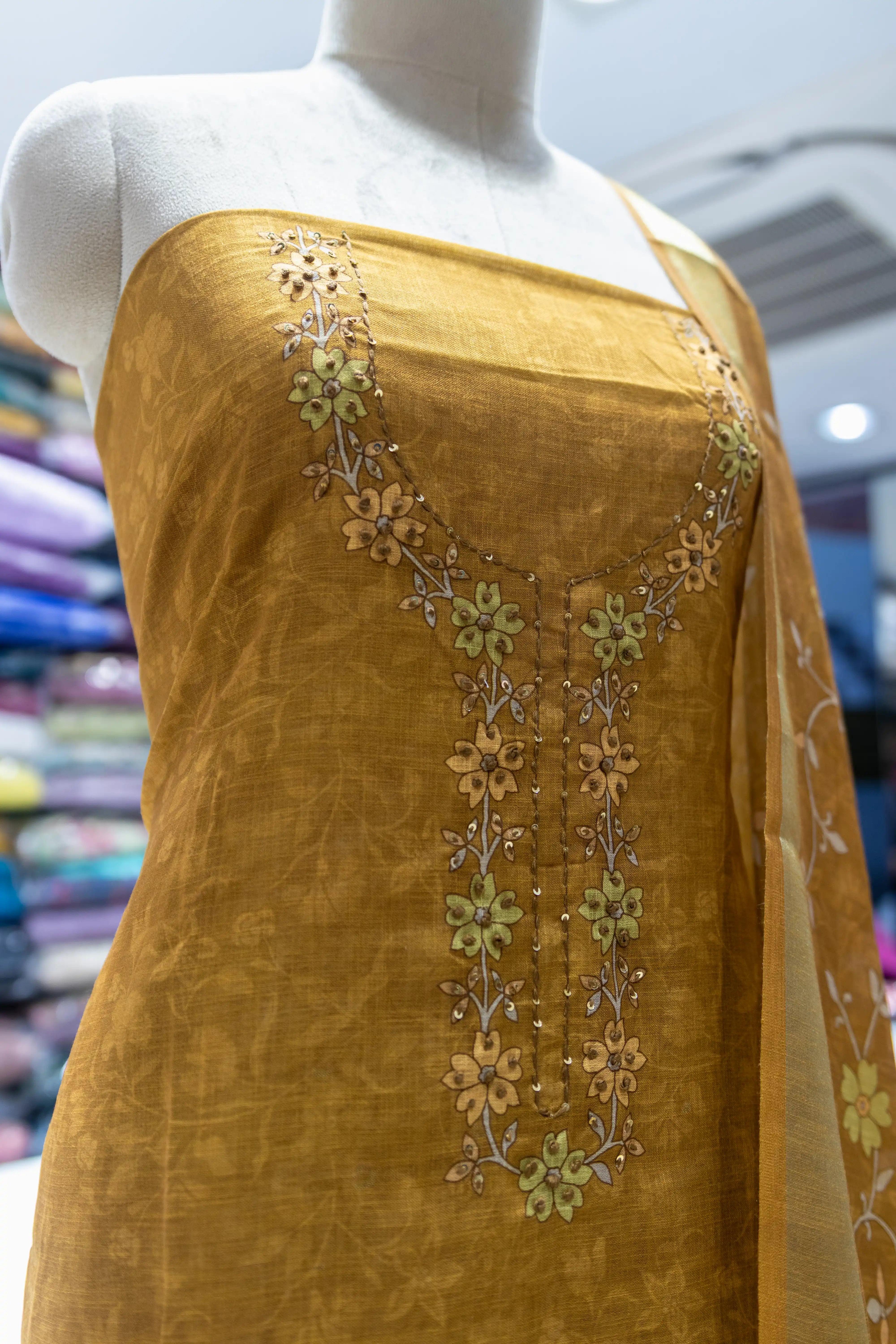 Mustard Yellow Embroidered Dress Material with Floral Dupatta