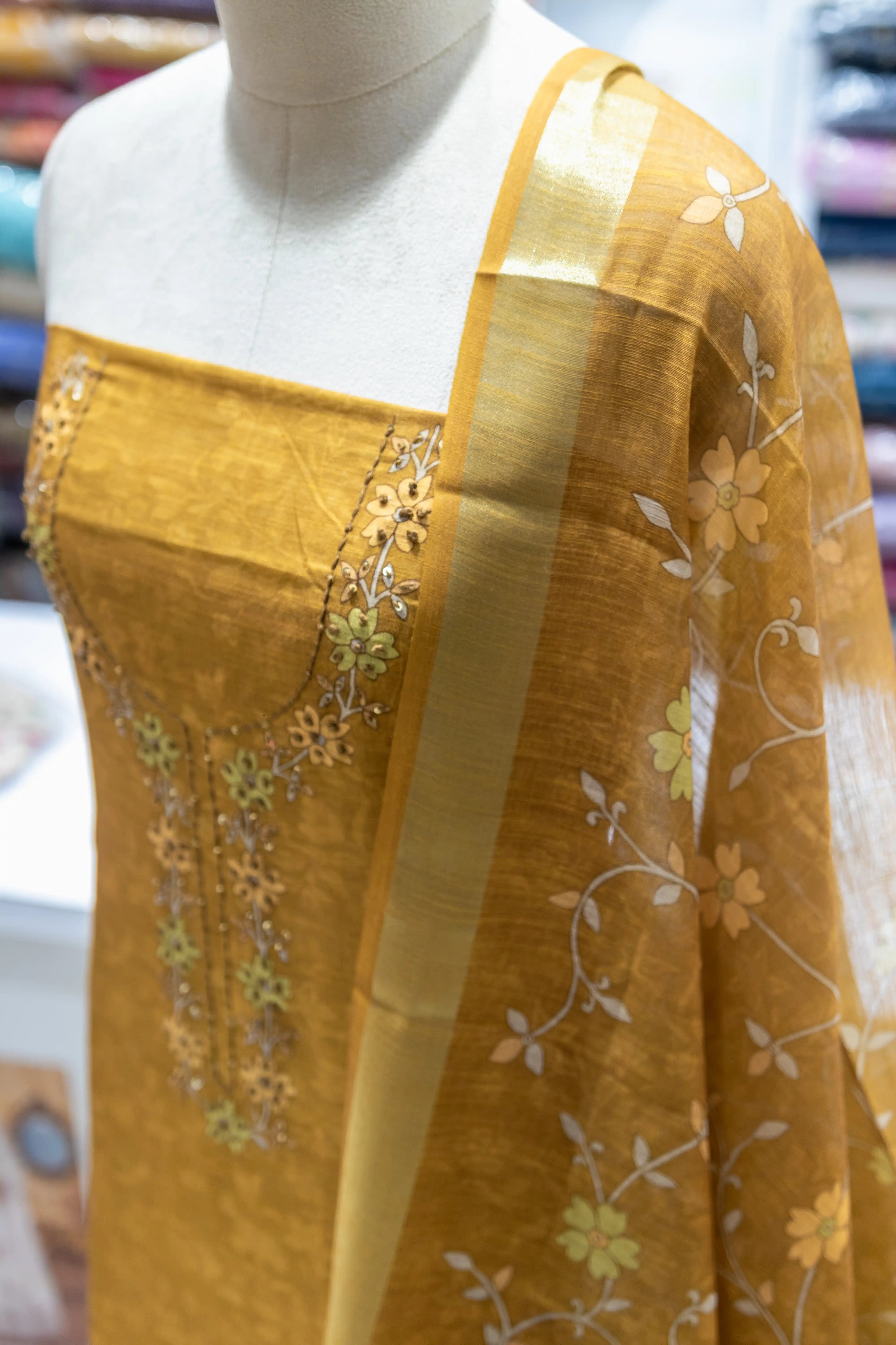 Mustard Yellow Embroidered Dress Material with Floral Dupatta