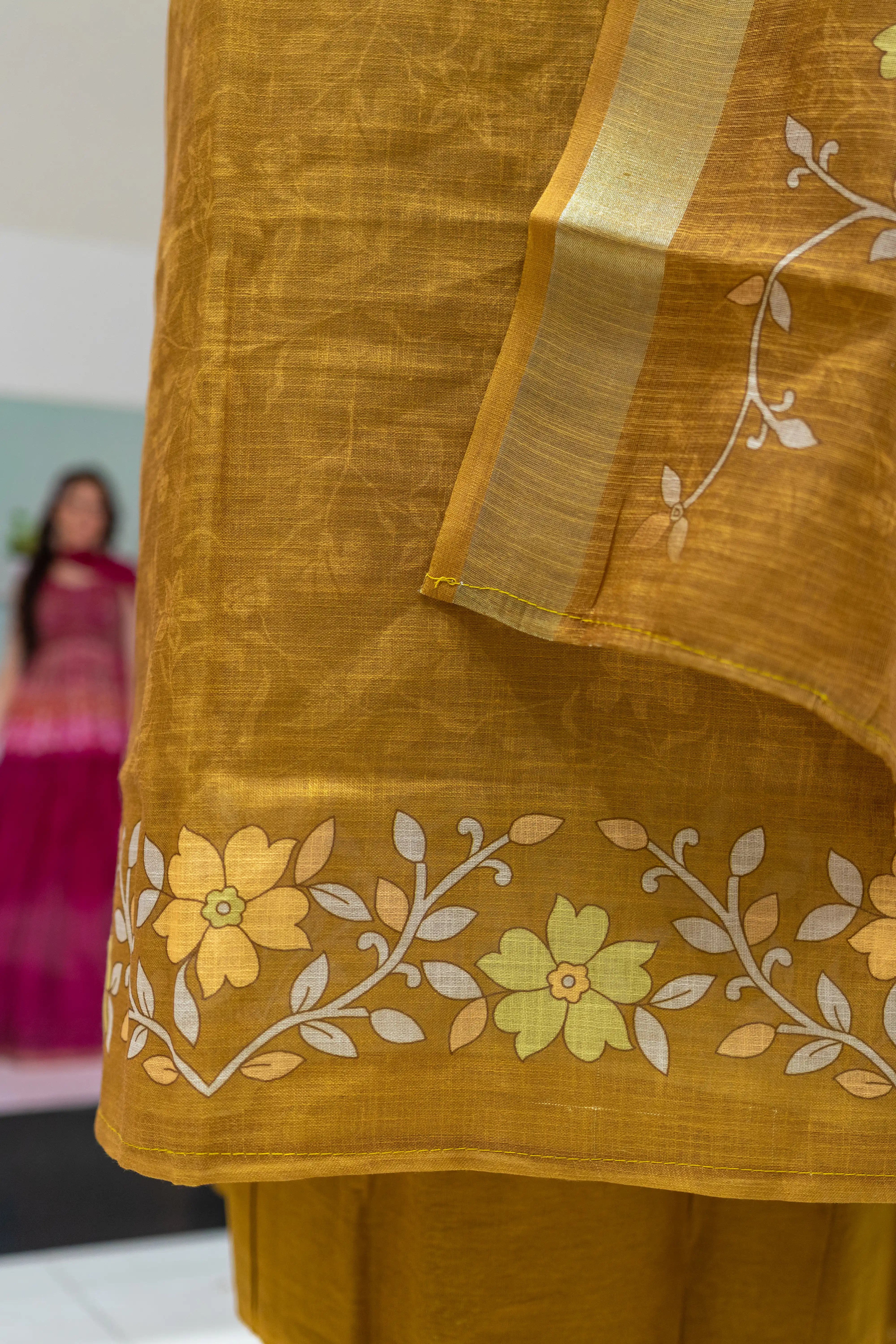 Mustard Yellow Embroidered Dress Material with Floral Dupatta