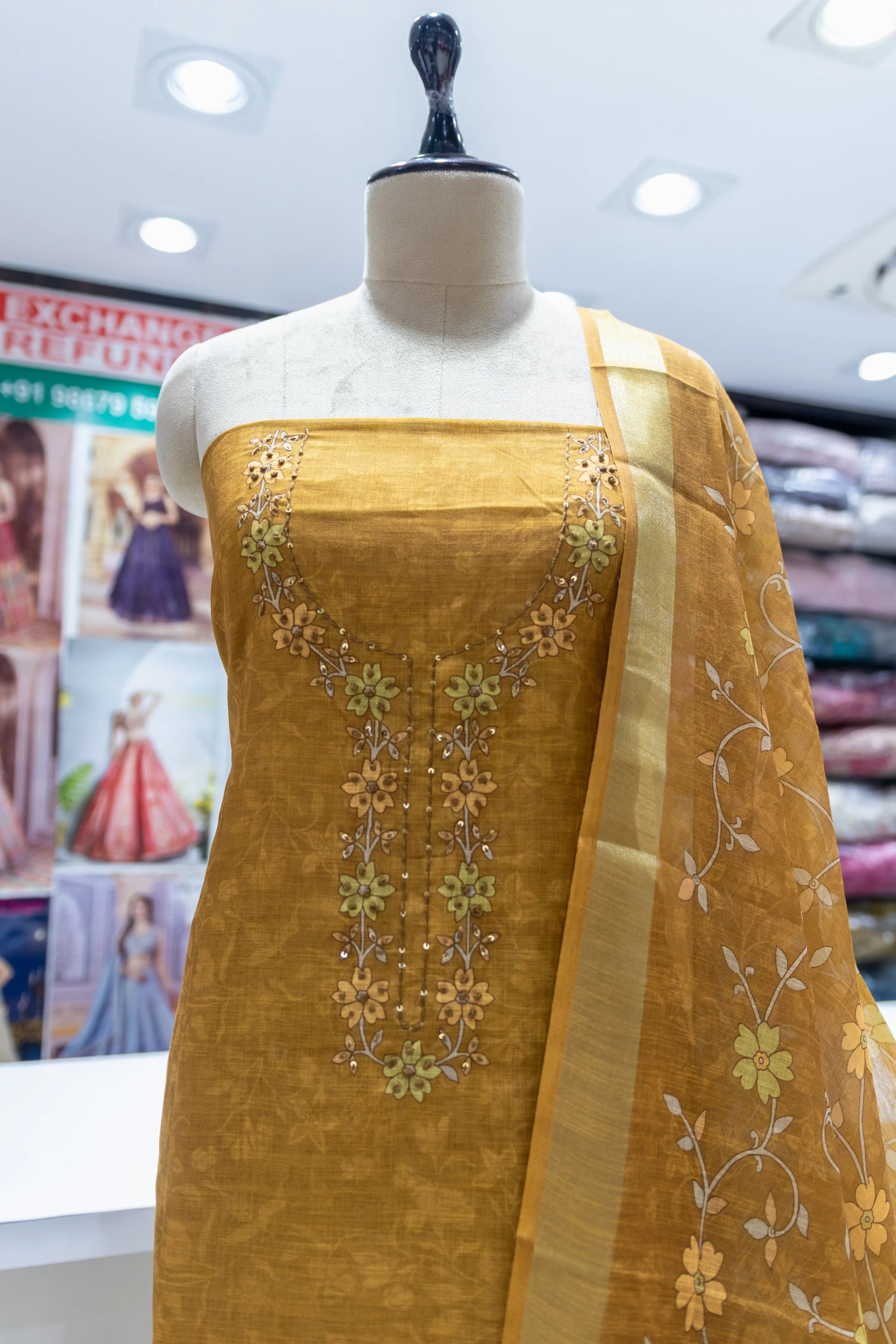 Mustard Yellow Embroidered Dress Material with Floral Dupatta