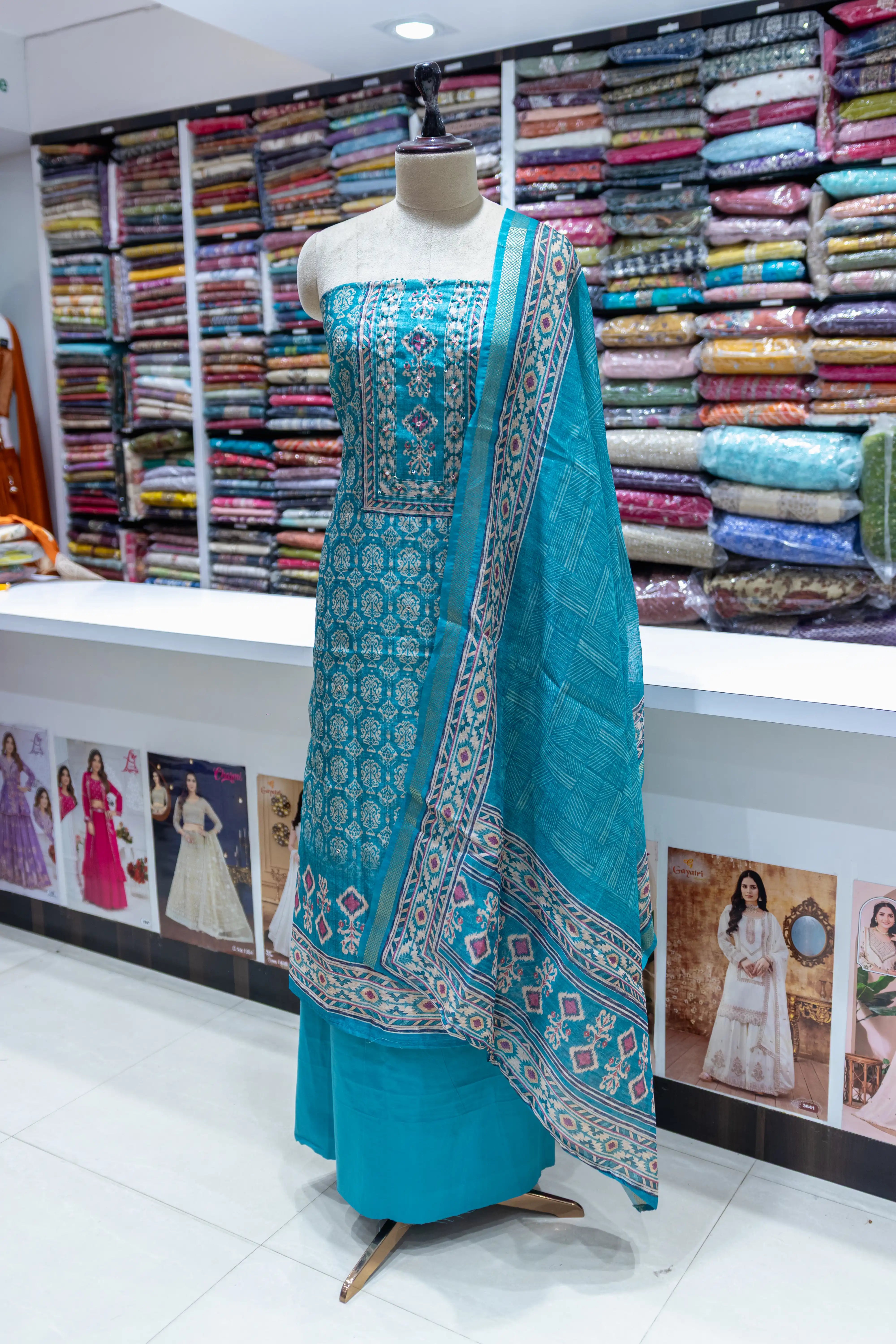 Rama Green Printed Dress Material with Floral Dupatta