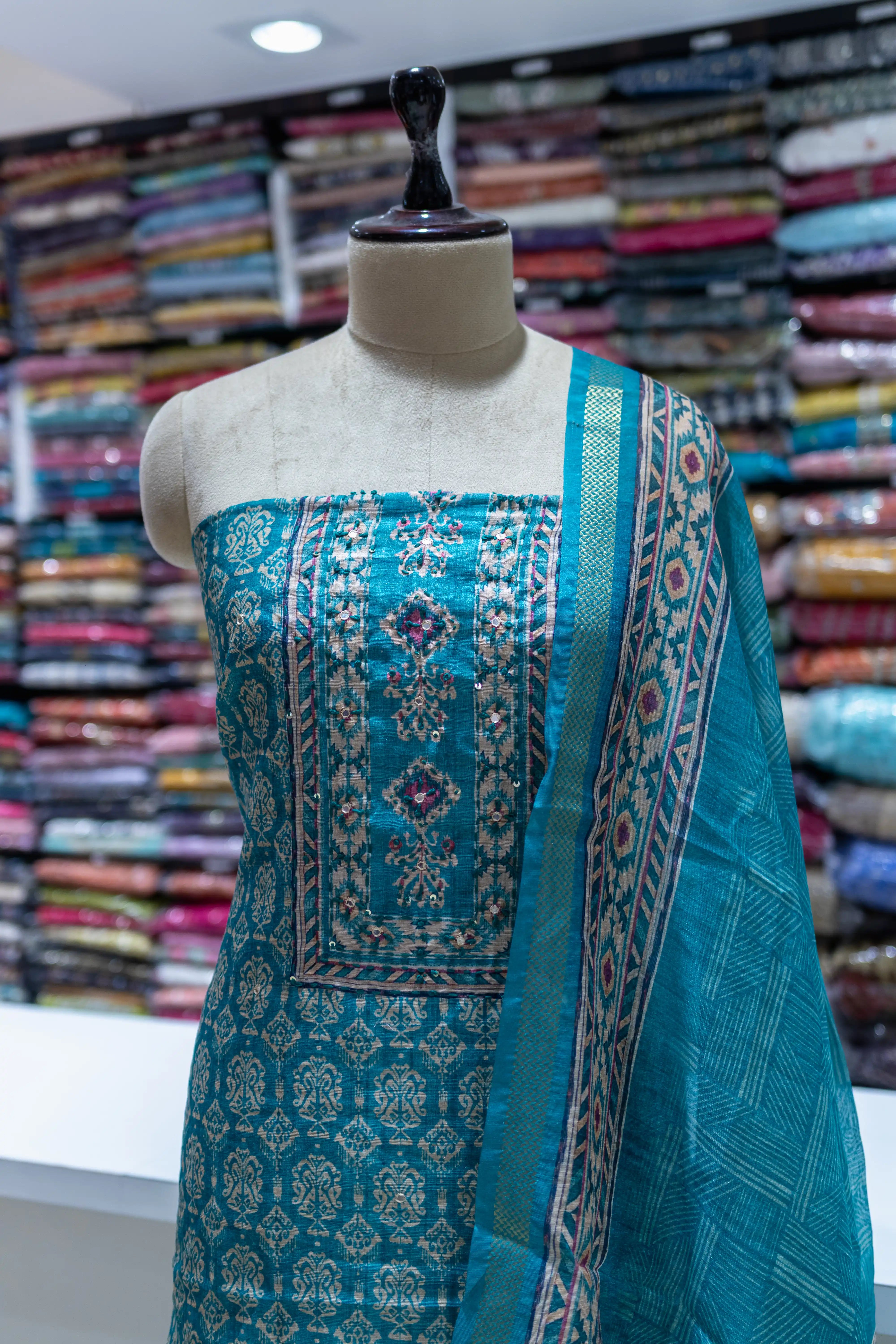 Rama Green Printed Dress Material with Floral Dupatta