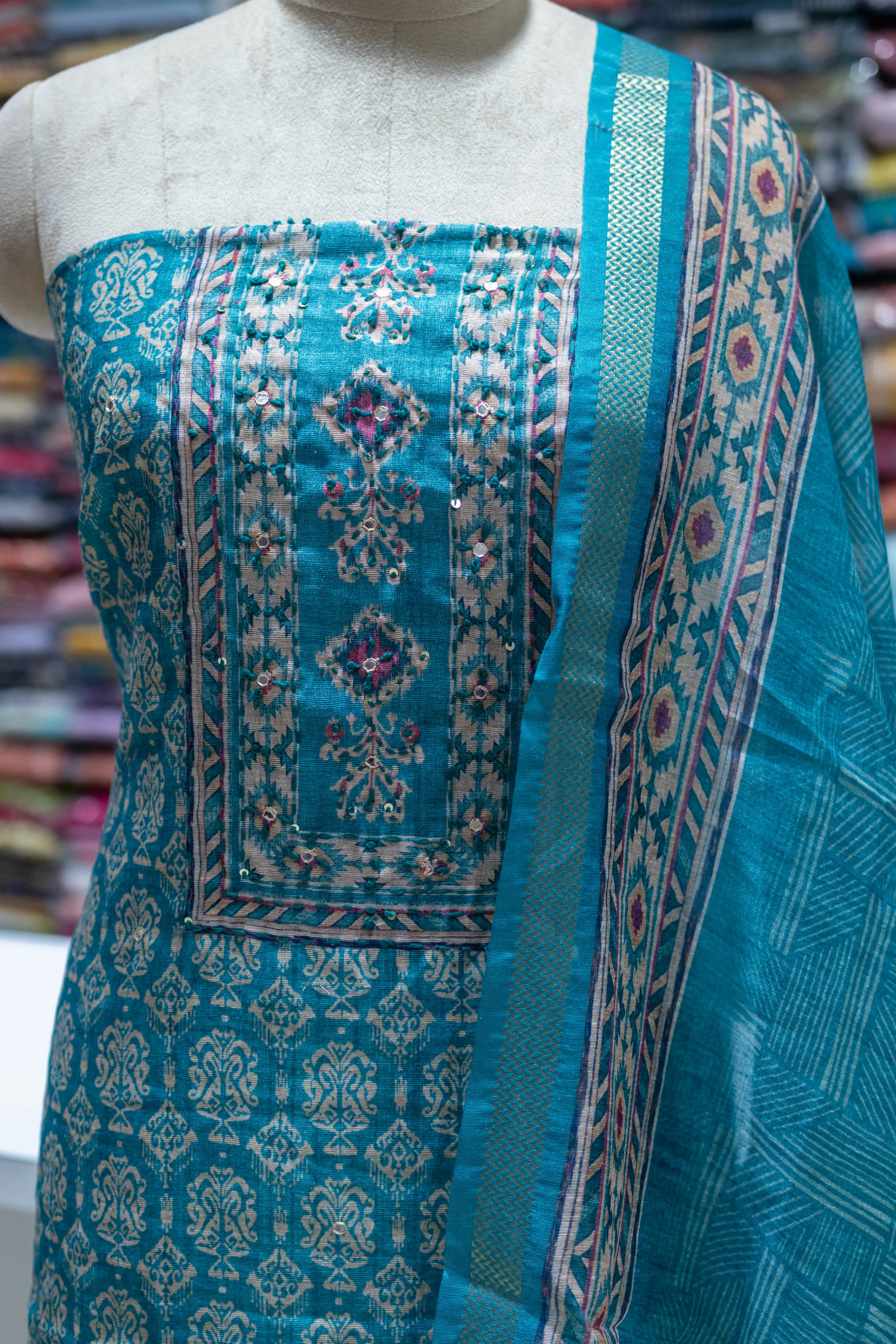 Rama Green Printed Dress Material with Floral Dupatta