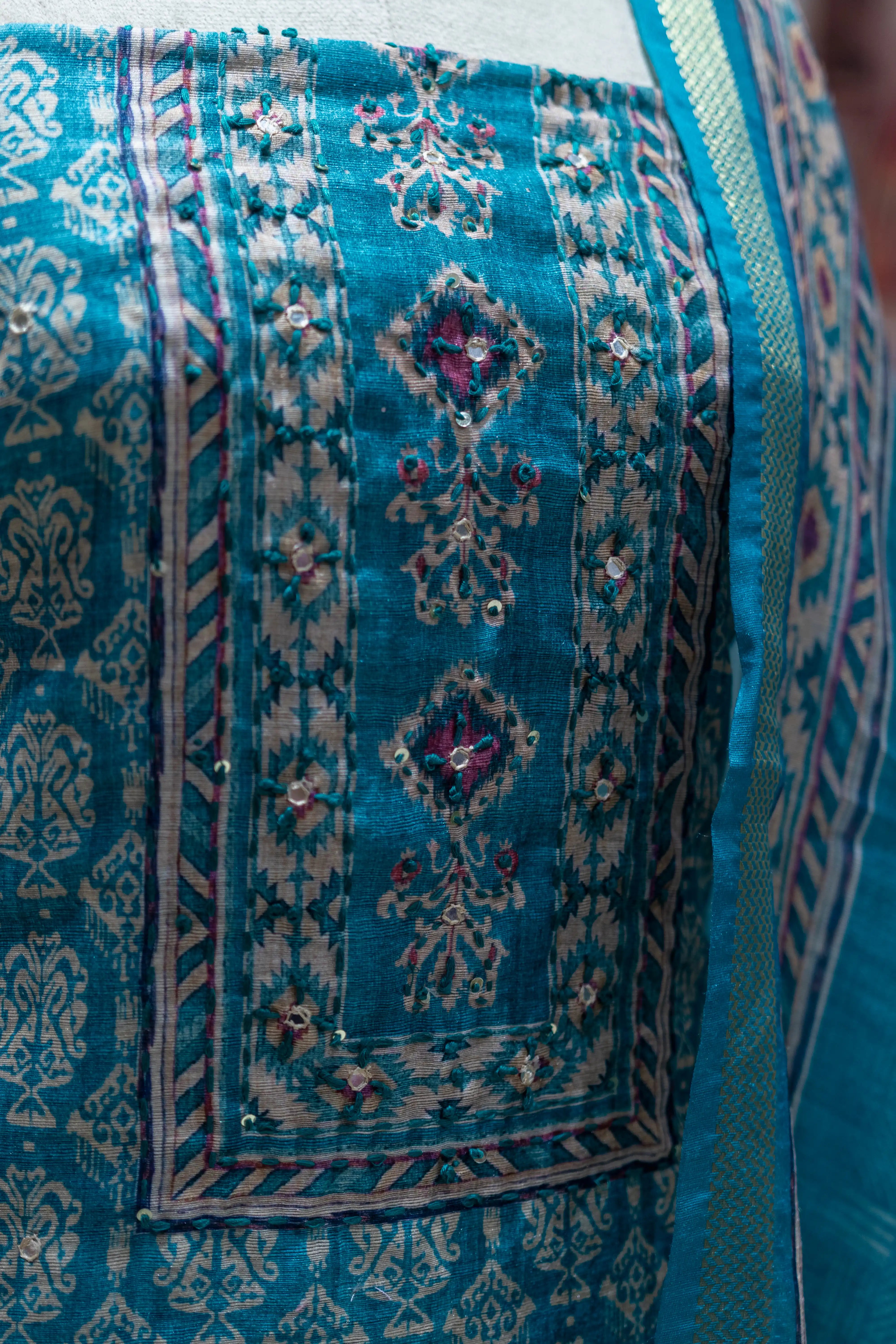 Rama Green Printed Dress Material with Floral Dupatta